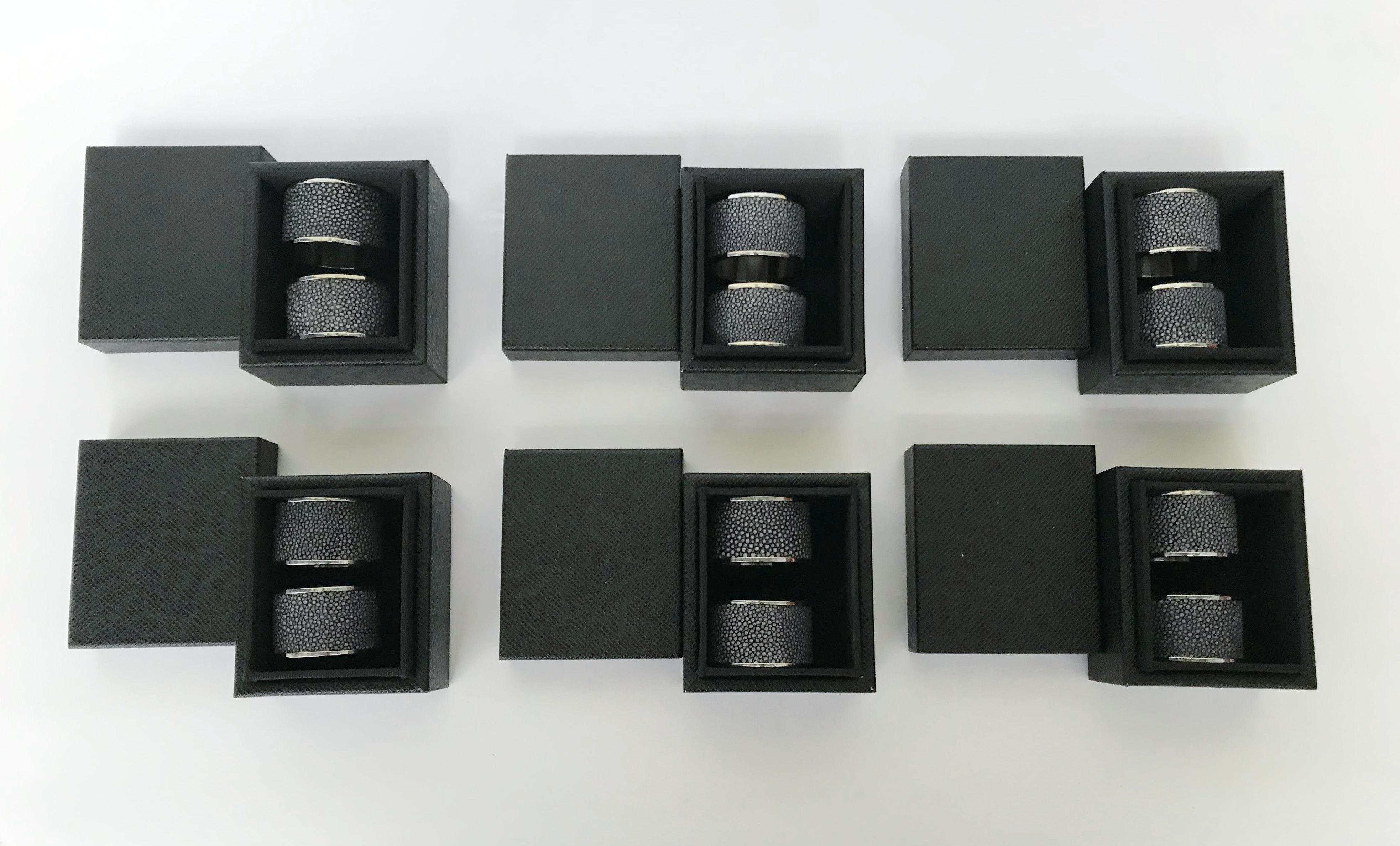 Stainless Steel Set of Twelve Black Shagreen Napkin Rings by Fabio Ltd For Sale