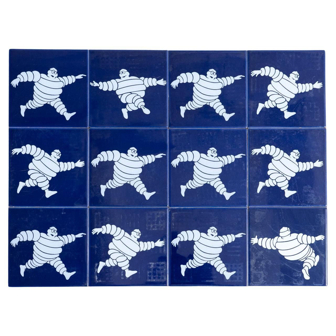 Set of Twelve Blue Vintage Michelin Man Ceramic Tiles, circa 1960