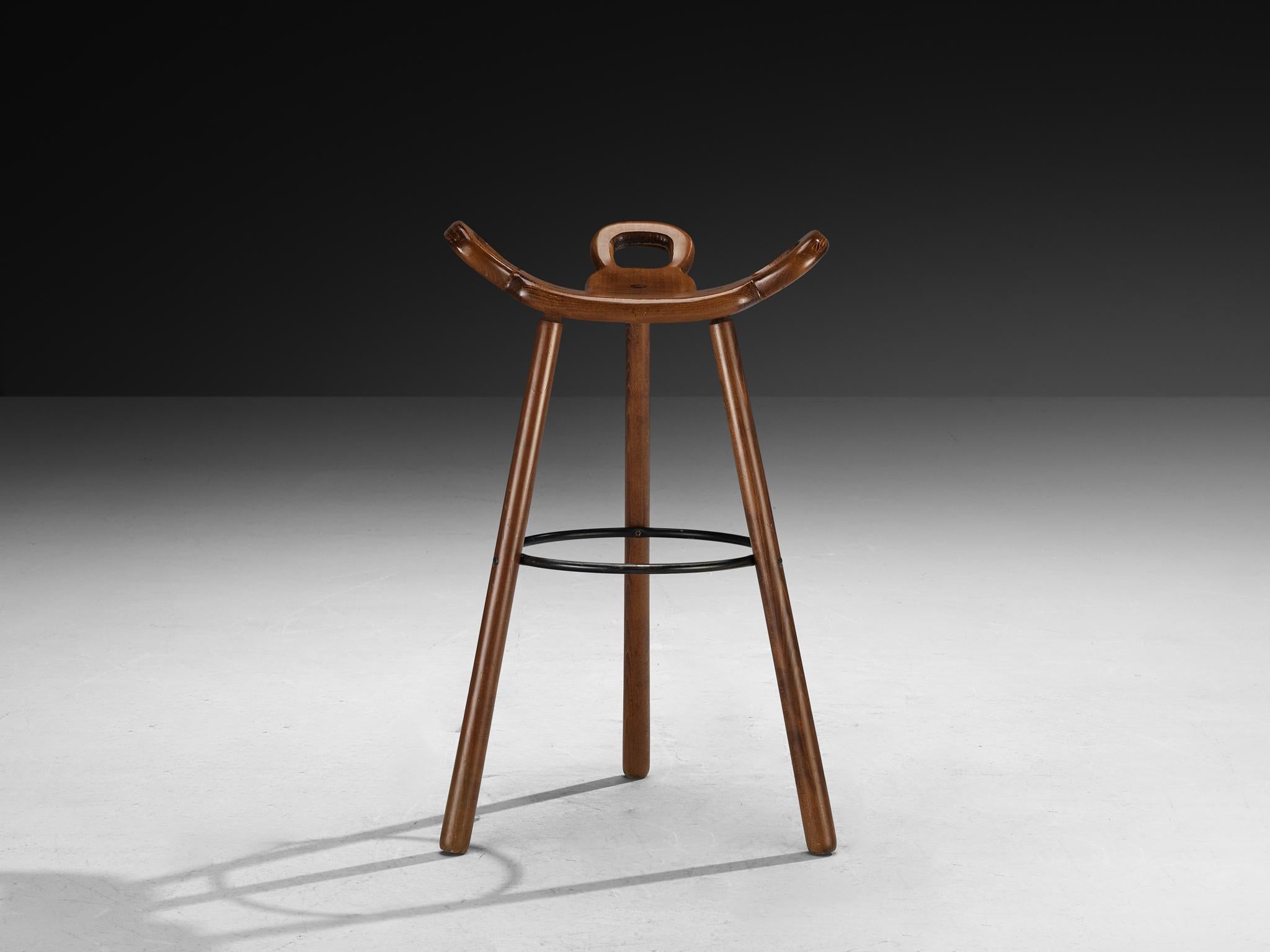 Set of Twelve Brutalist Bar Stools in Dark Wood For Sale 4