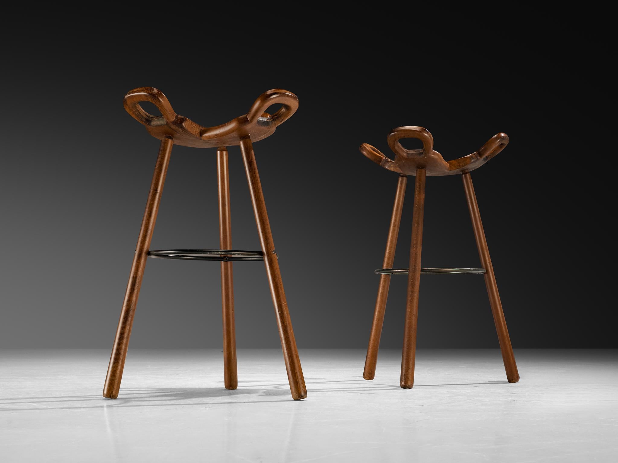 Set of Twelve Brutalist Bar Stools in Dark Wood In Good Condition For Sale In Waalwijk, NL