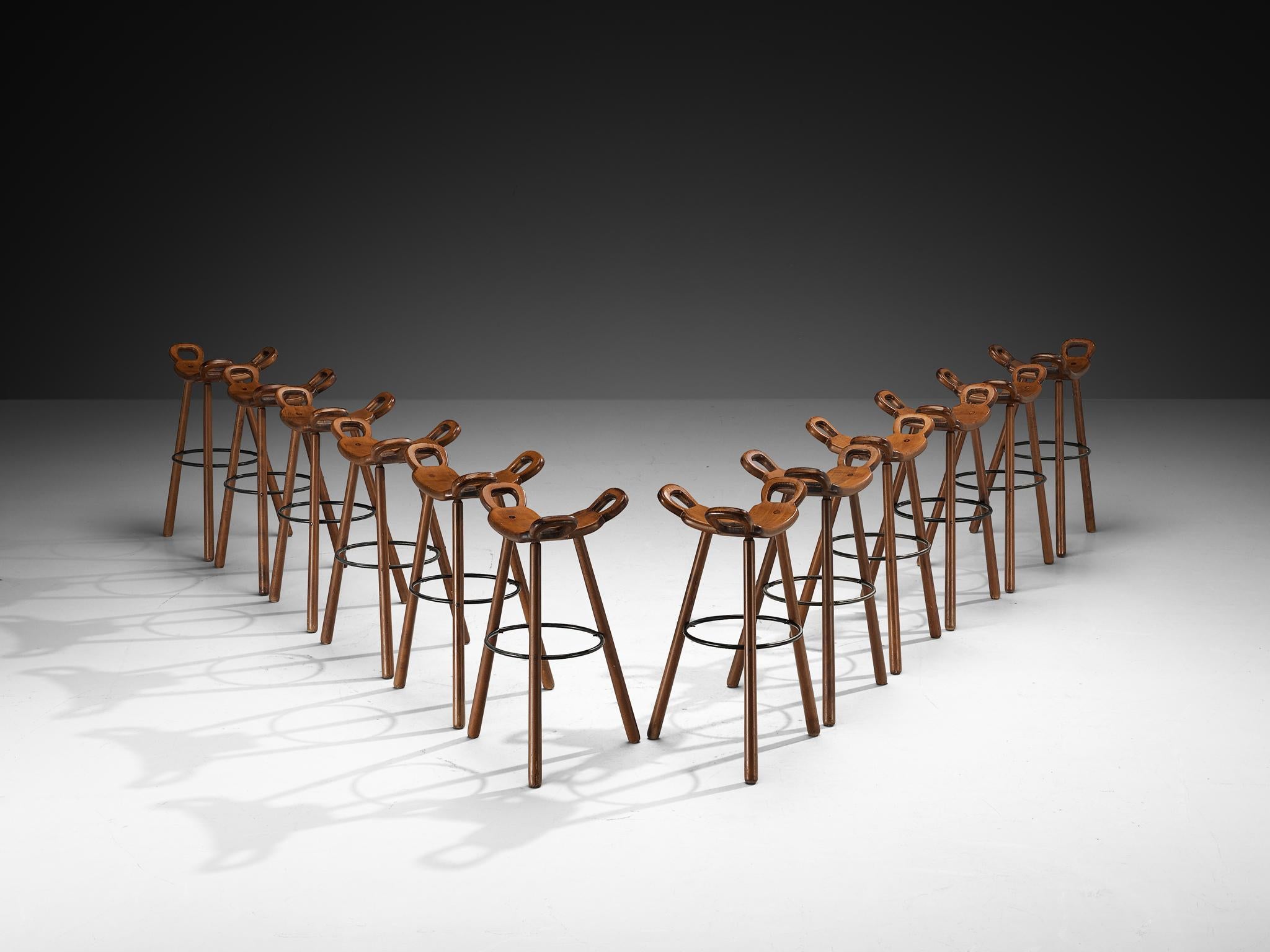 Late 20th Century Set of Twelve Brutalist Bar Stools in Dark Wood For Sale