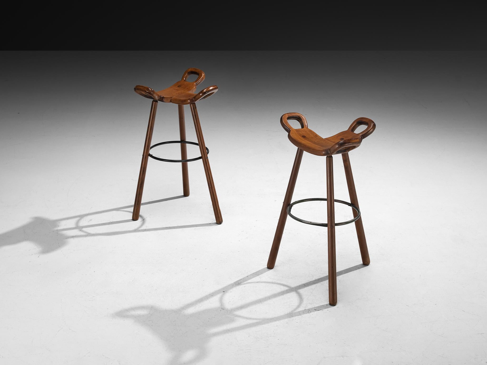 Steel Set of Twelve Brutalist Bar Stools in Dark Wood For Sale
