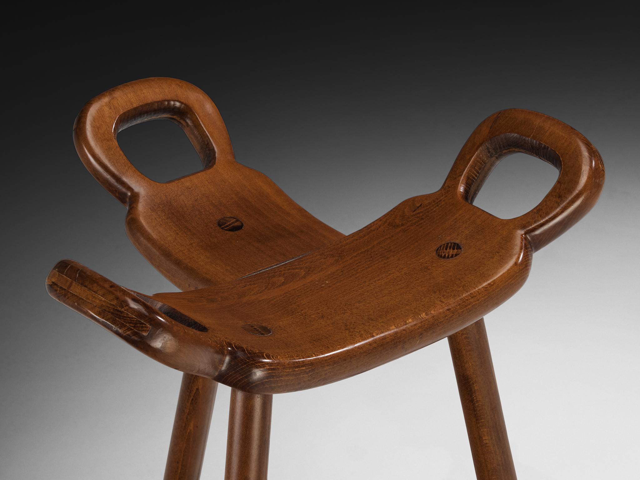 Set of Twelve Brutalist Bar Stools in Dark Wood For Sale 1