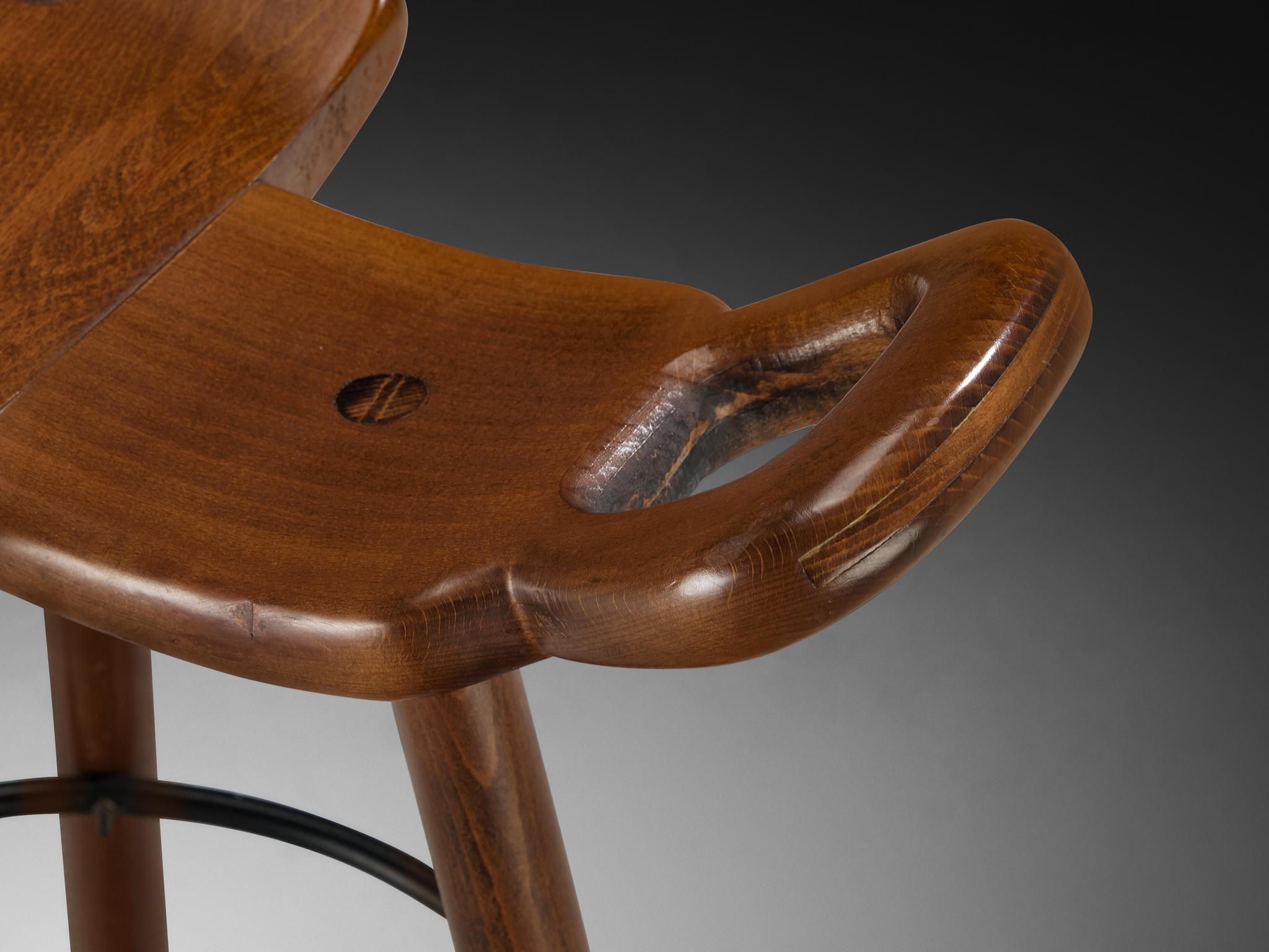 Set of Twelve Brutalist Bar Stools in Dark Wood For Sale 2