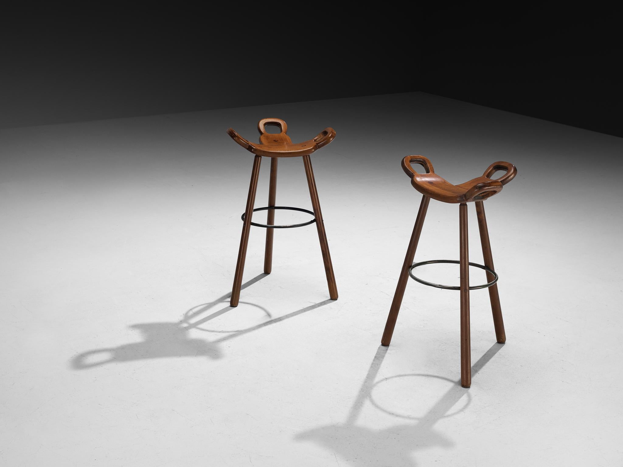 Set of Twelve Brutalist Bar Stools in Dark Wood For Sale 3