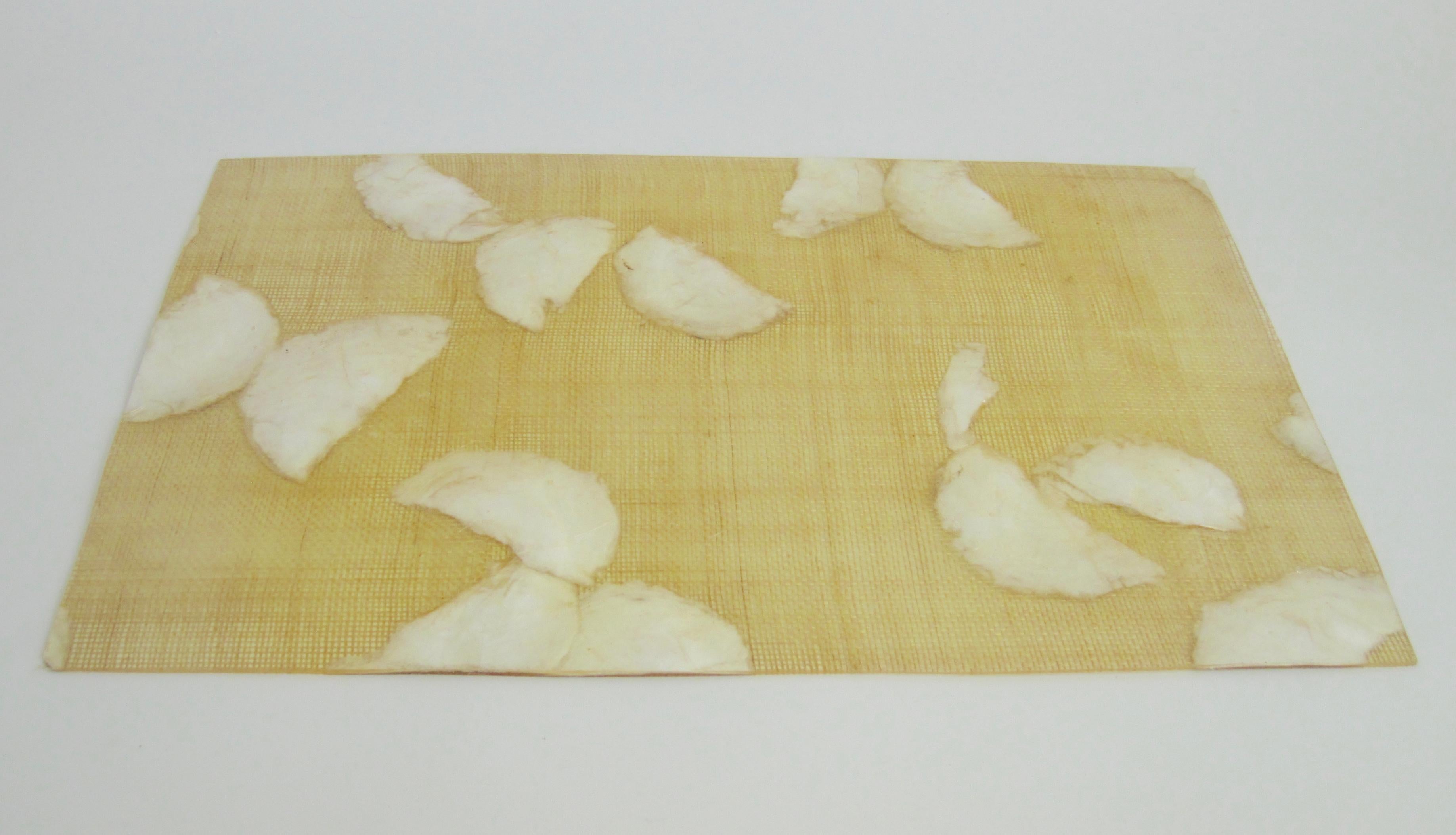 A set of twelve square resin, capiz shell and burlap placemats. Handmade in the 1970s, each placemat was crafted with capiz shell, a thin almost translucent shell found in the Indo-Pacific, between burlap and set in resin. Each one is unique. 
