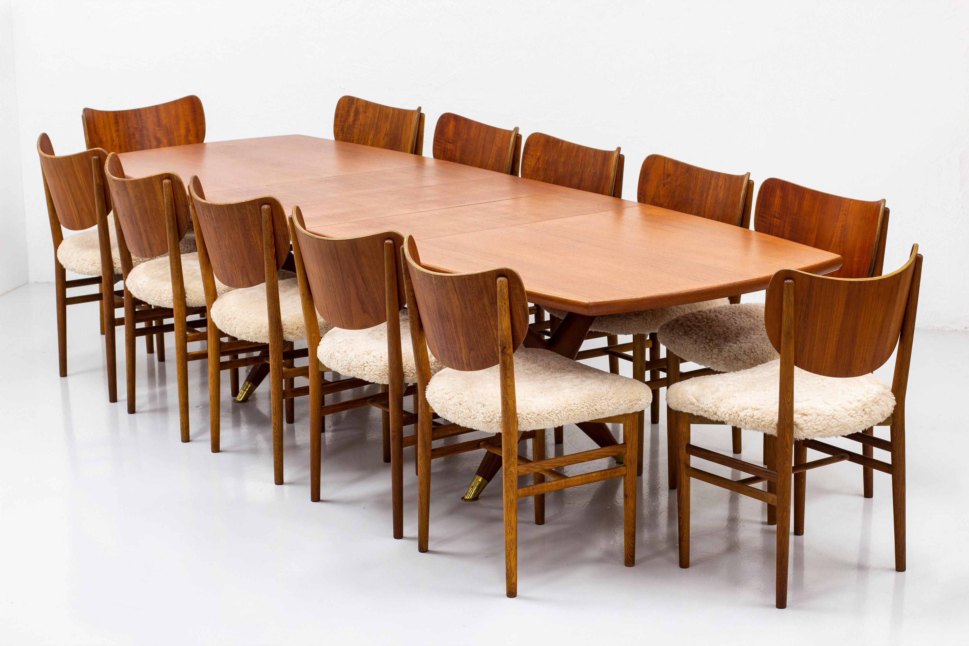 Scandinavian Modern Set of Twelve Chairs in Teak and Oak with Sheepskin by Nils & Eva Koppel