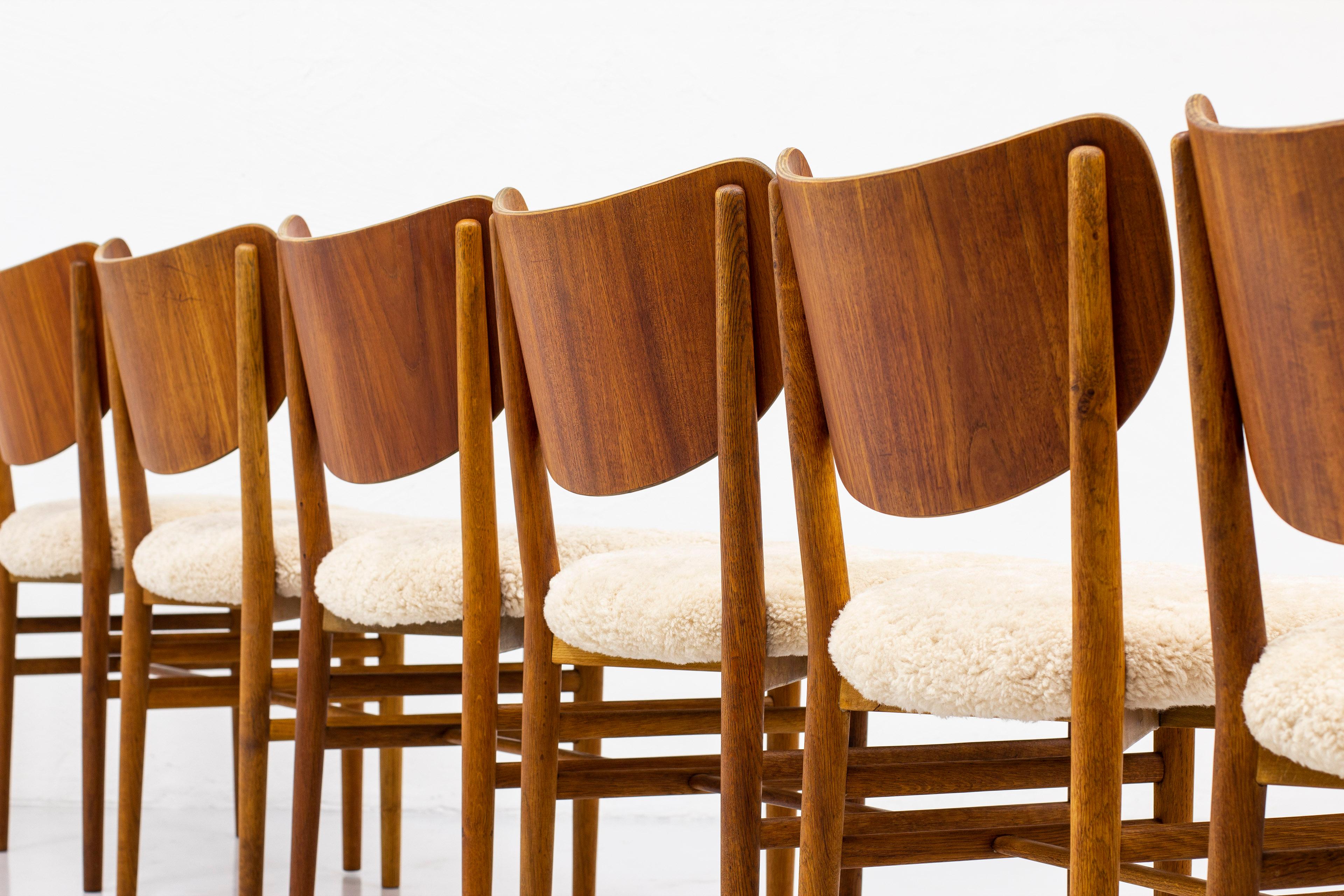 Set of Twelve Chairs in Teak and Oak with Sheepskin by Nils & Eva Koppel 1