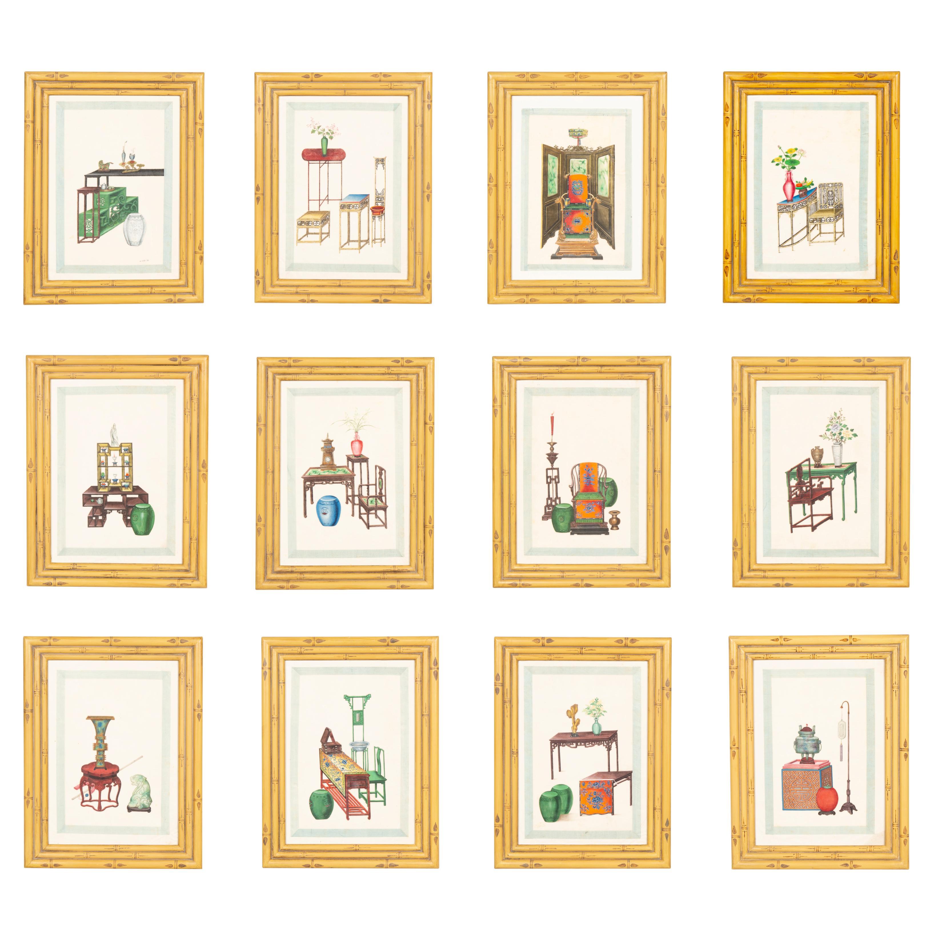 Set Of Twelve Chinese Framed Pith Paper Watercolors For Sale