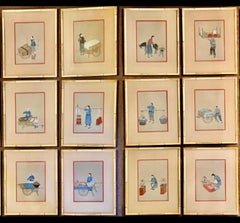 Set of Twelve Chinese Gouache Paintings in Bamboo Frames