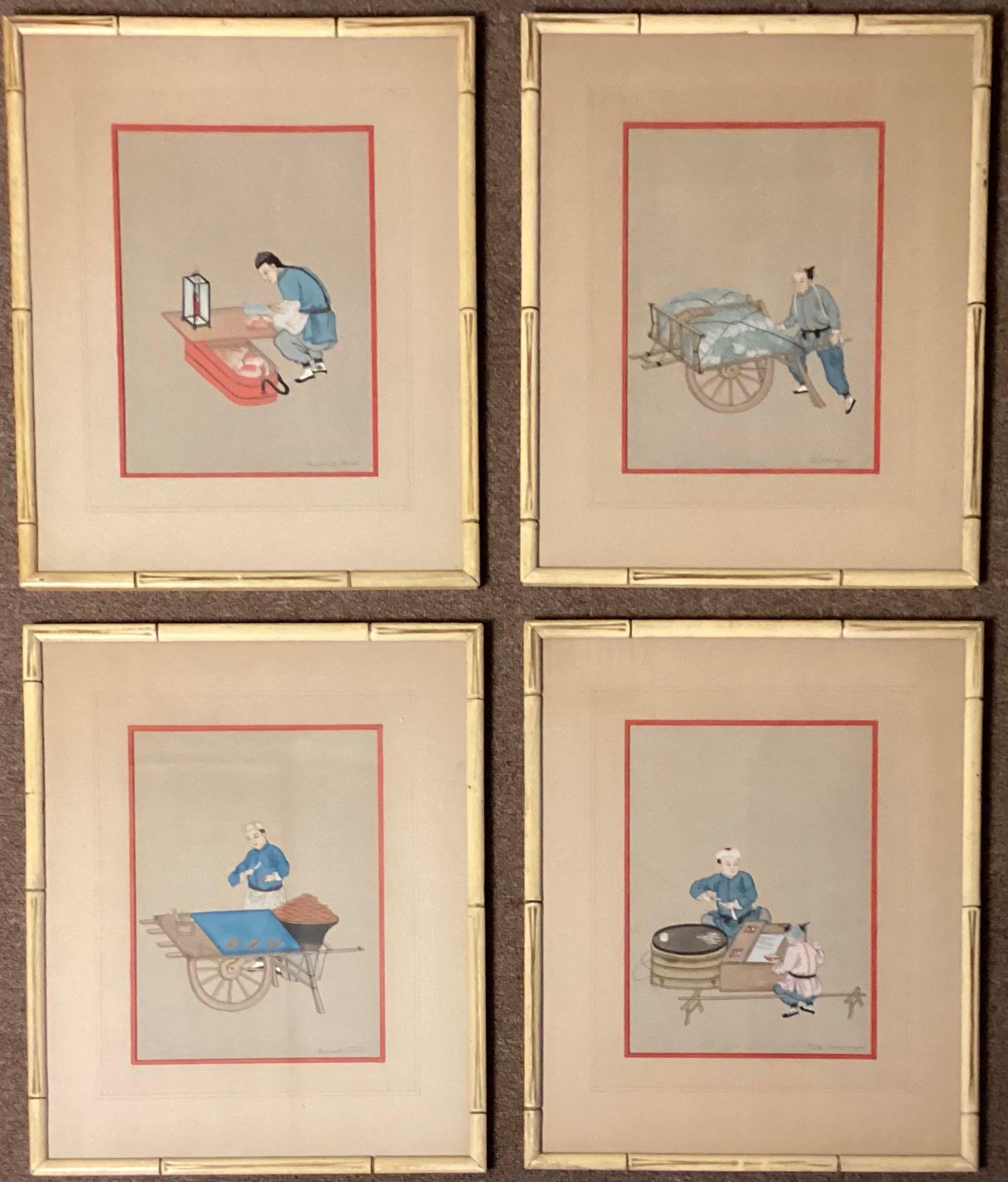 Chinese Export Set of Twelve Chinese Gouache Paintings in Bamboo Frames For Sale