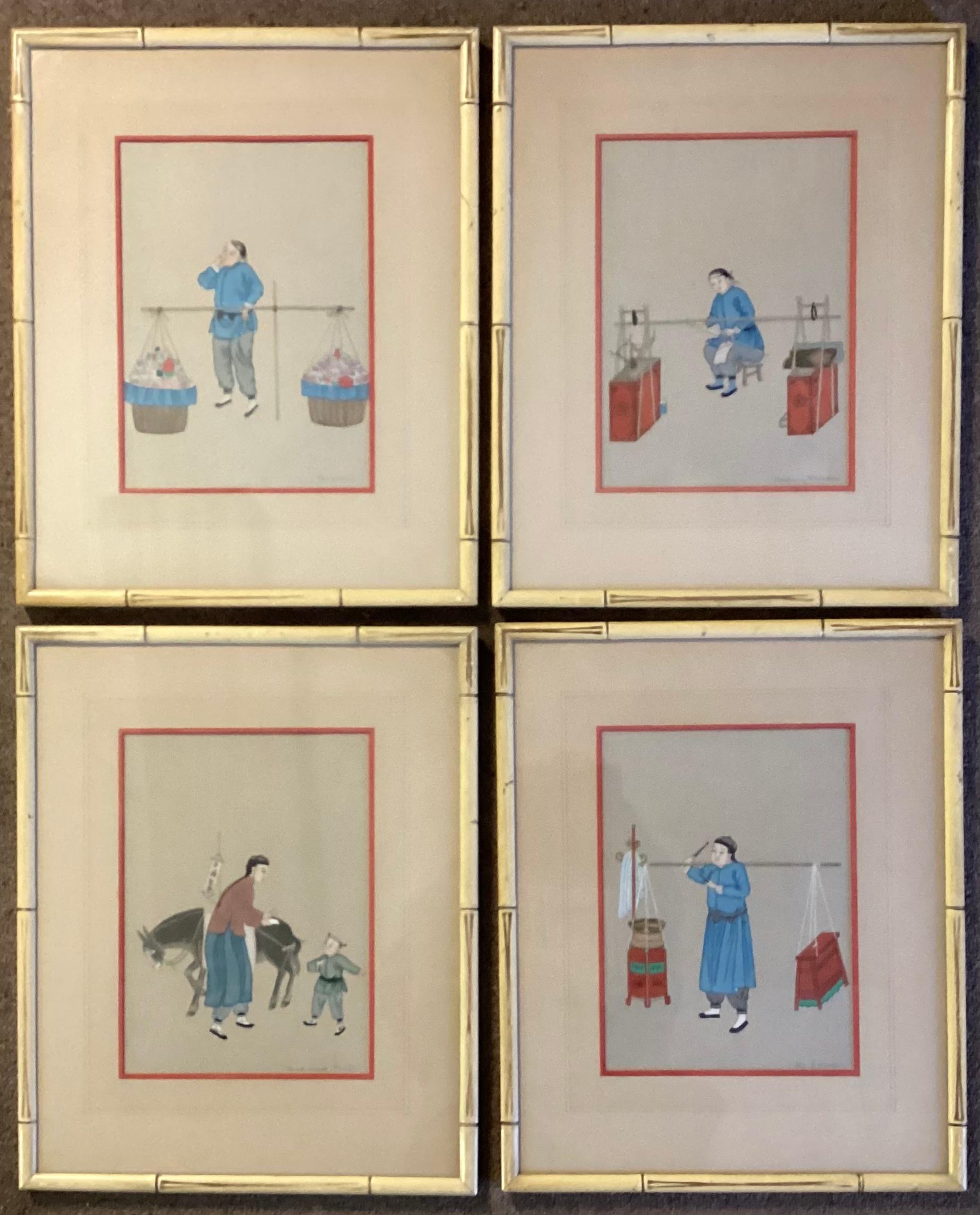Set of Twelve Chinese Gouache Paintings in Bamboo Frames In Good Condition For Sale In Bradenton, FL