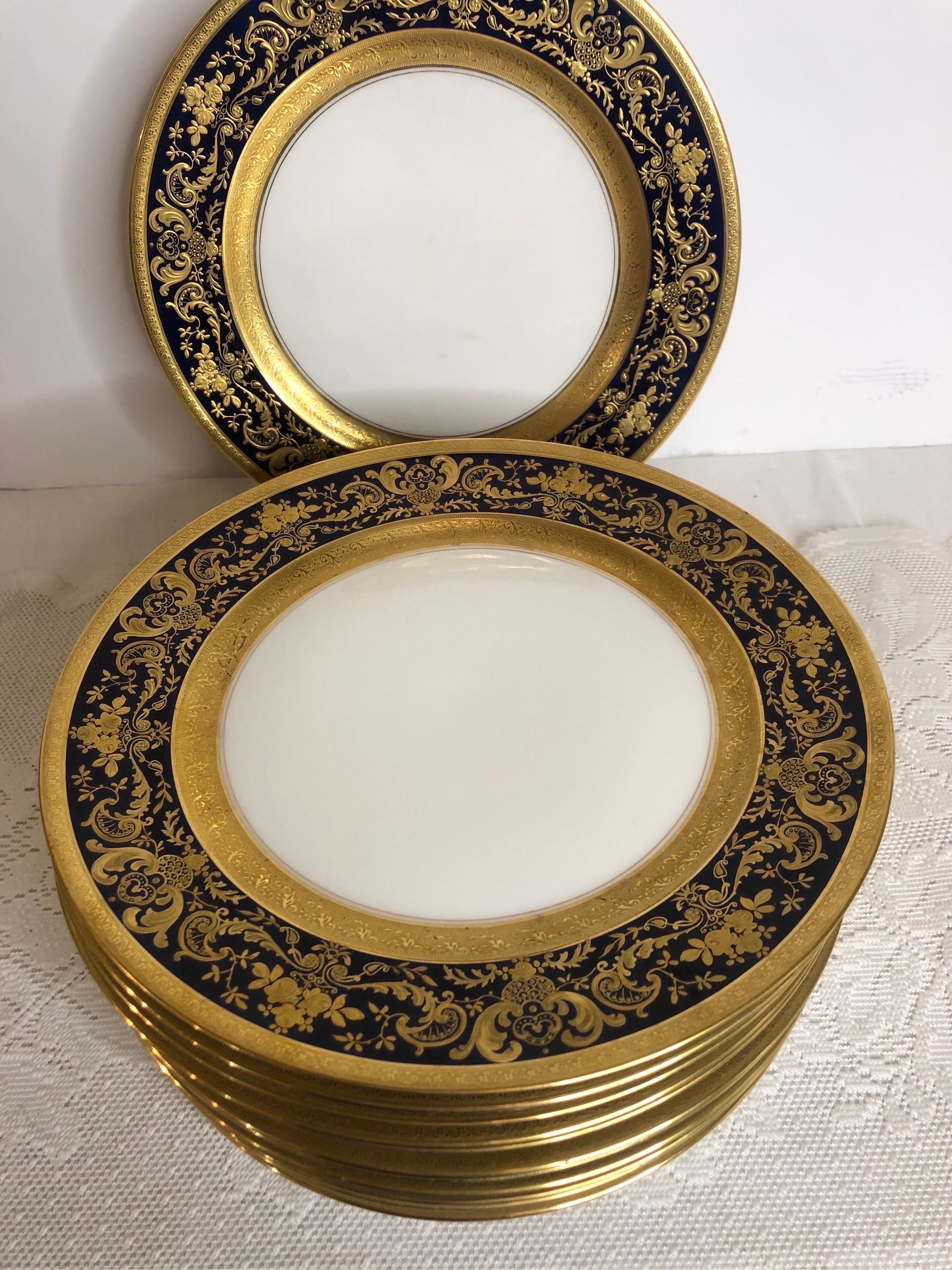 Set of Twelve Cobalt Rim Limoges Dinner Plates with Profuse Raised Gilding 3