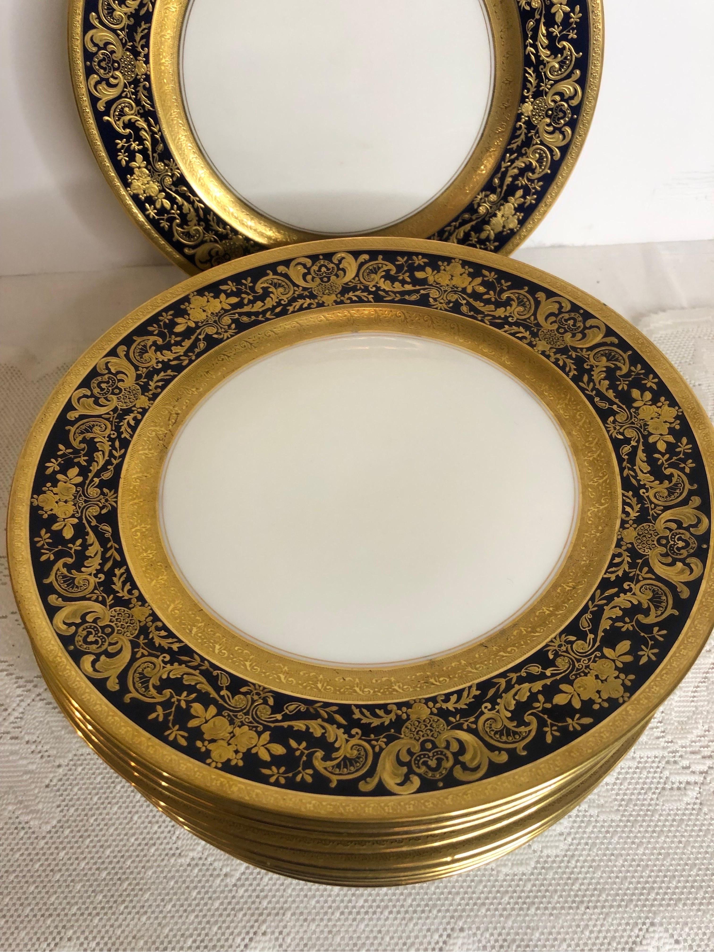 Set of Twelve Cobalt Rim Limoges Dinner Plates with Profuse Raised Gilding 5