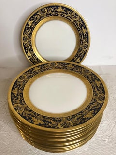 Set of Twelve Cobalt Rim Limoges Dinner Plates with Profuse Raised Gilding