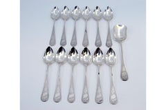 Set of twelve coffee spoons & sugar shovel in guilloche silver w/ monogram cards