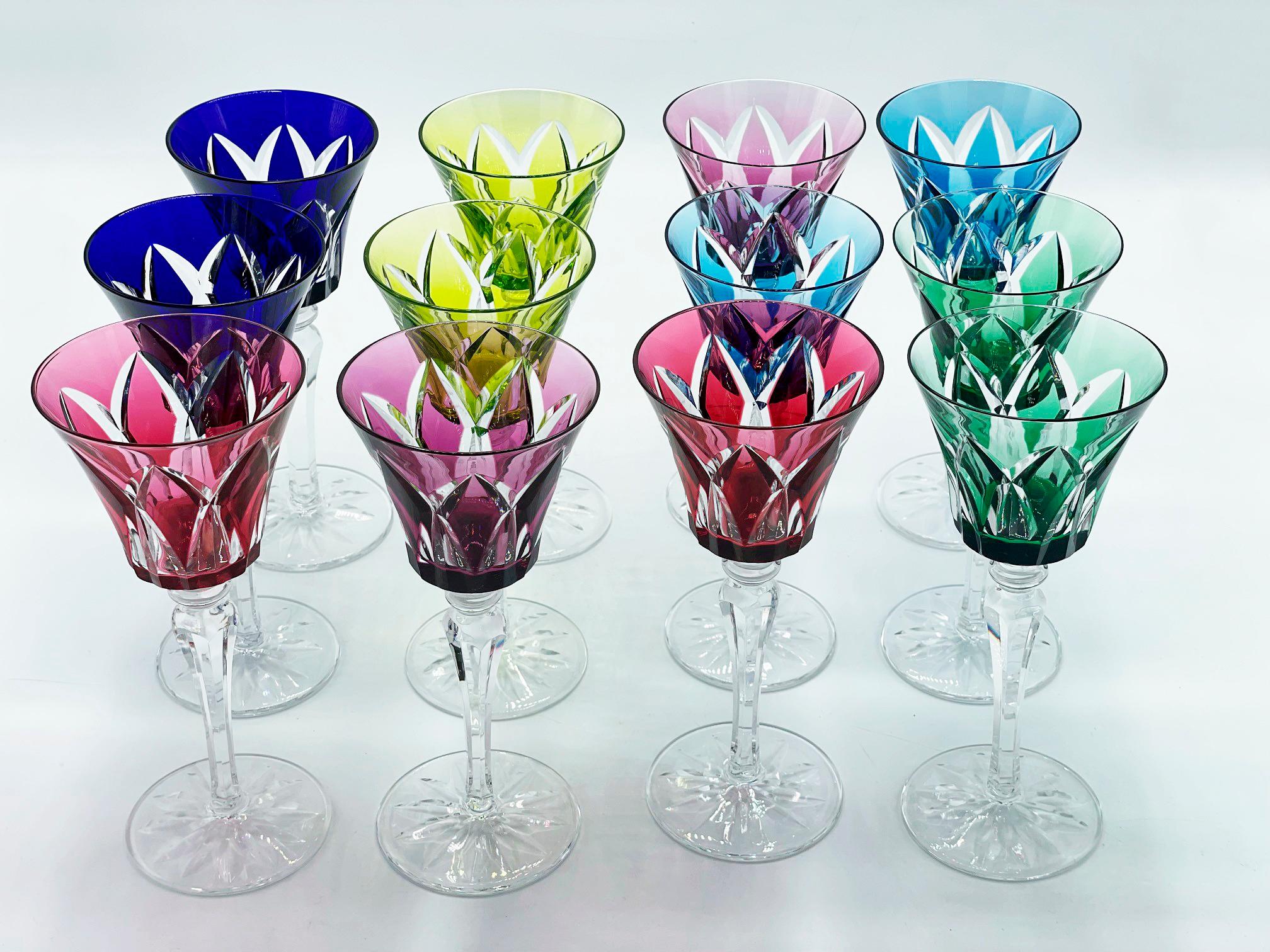 Mid-Century Modern Set of Twelve Colourful Saint-Louis Crystal Camargue or Wine Glasses