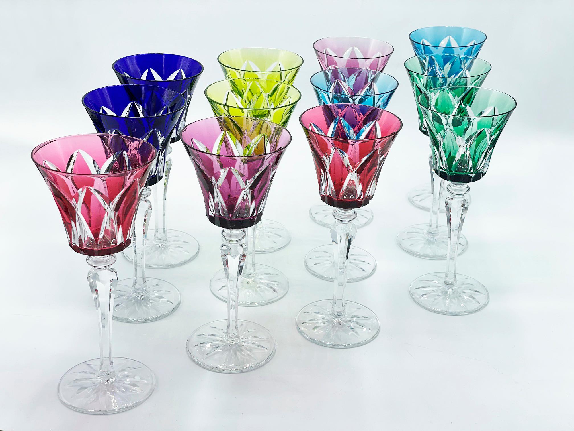 French Set of Twelve Colourful Saint-Louis Crystal Camargue or Wine Glasses