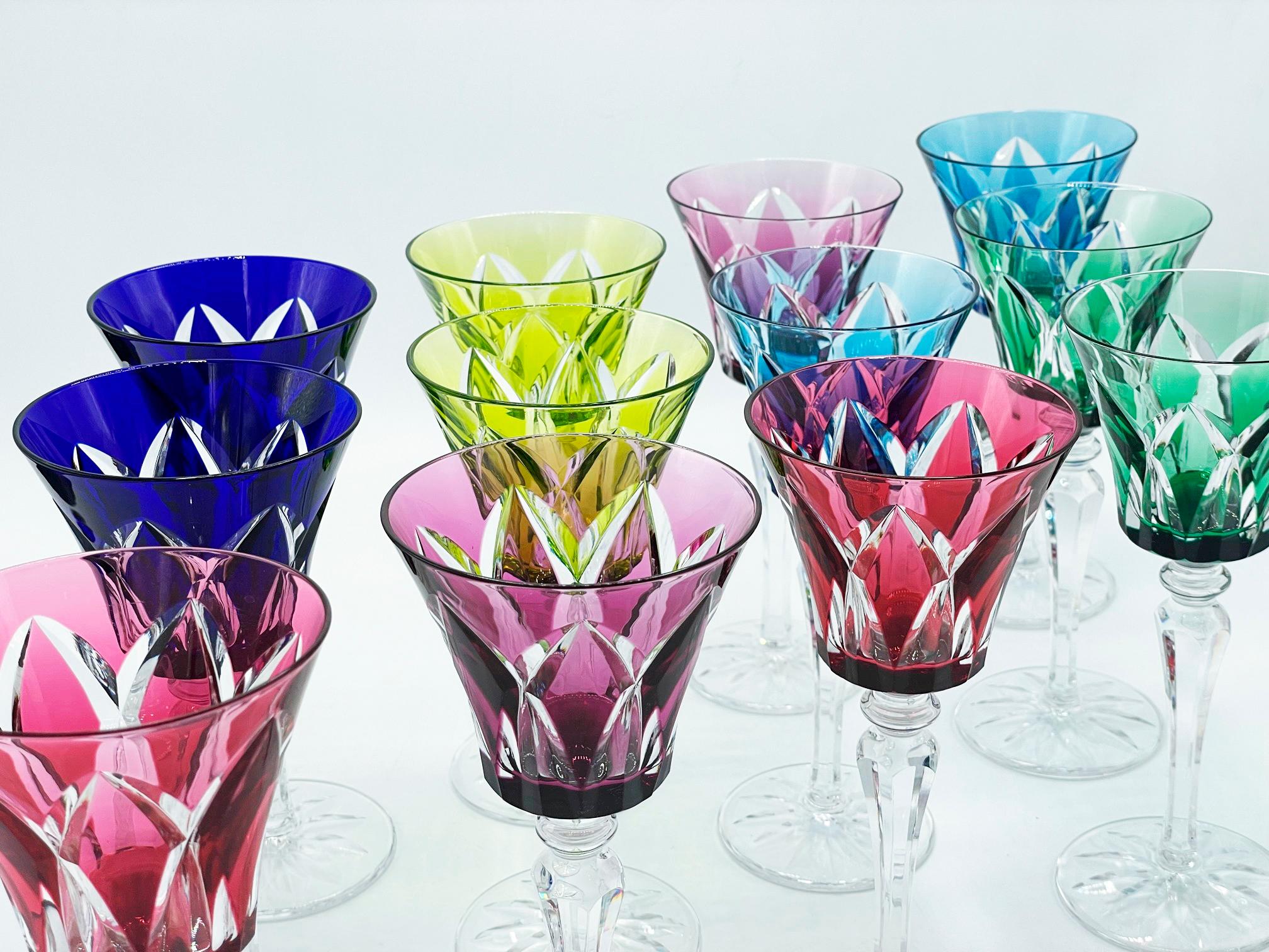Carved Set of Twelve Colourful Saint-Louis Crystal Camargue or Wine Glasses