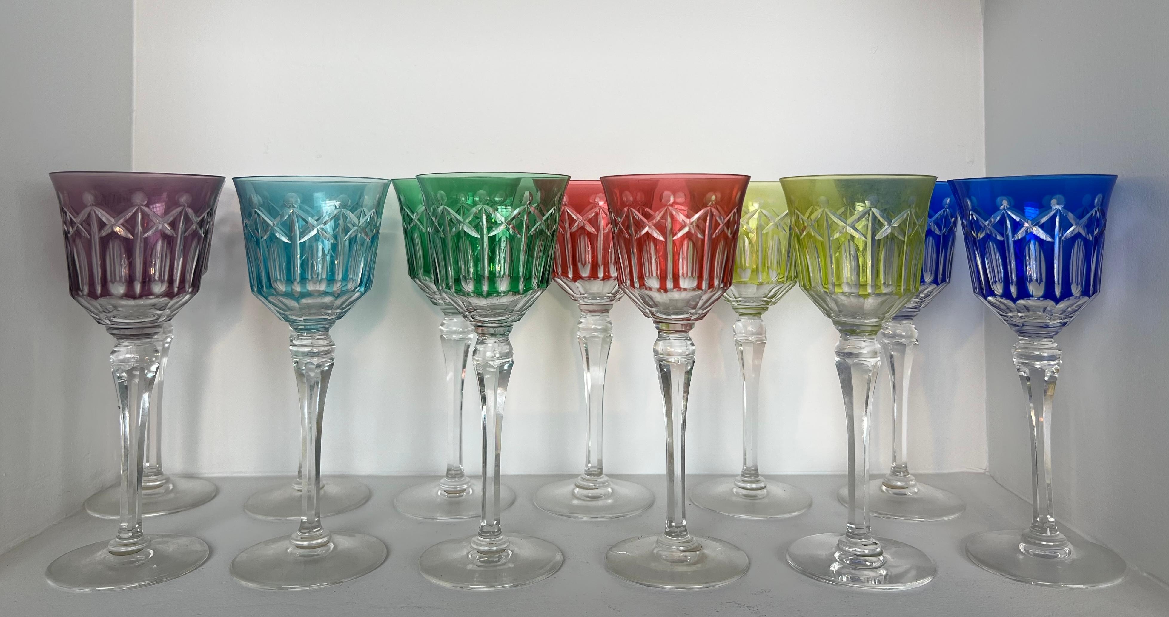 Set of Twelve Crystal Glasses Tinted in Different Colors and Cut with Stars For Sale 6