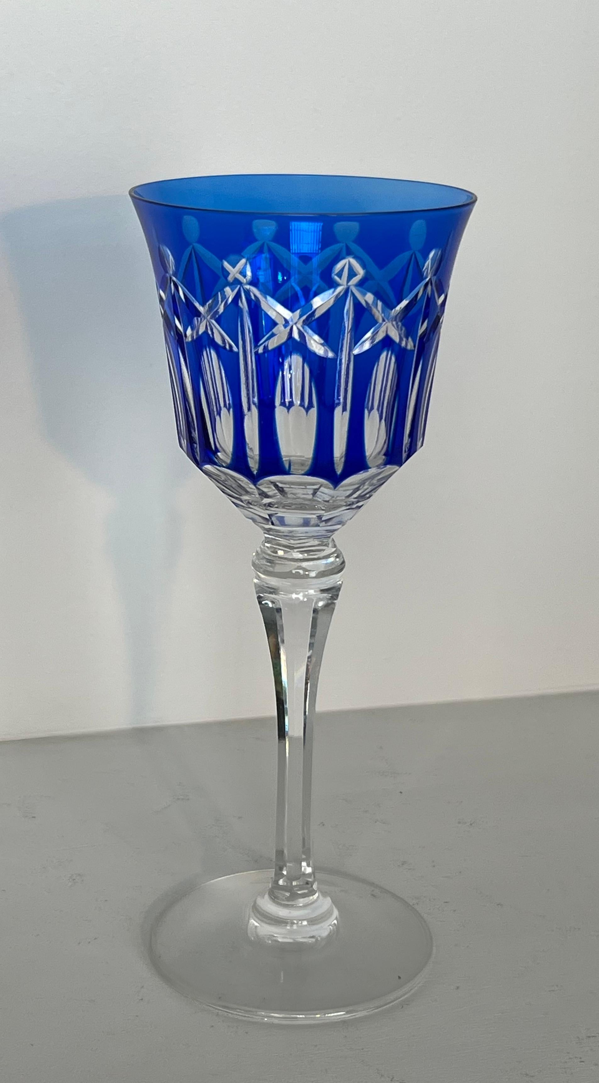 Art Deco Set of Twelve Crystal Glasses Tinted in Different Colors and Cut with Stars For Sale
