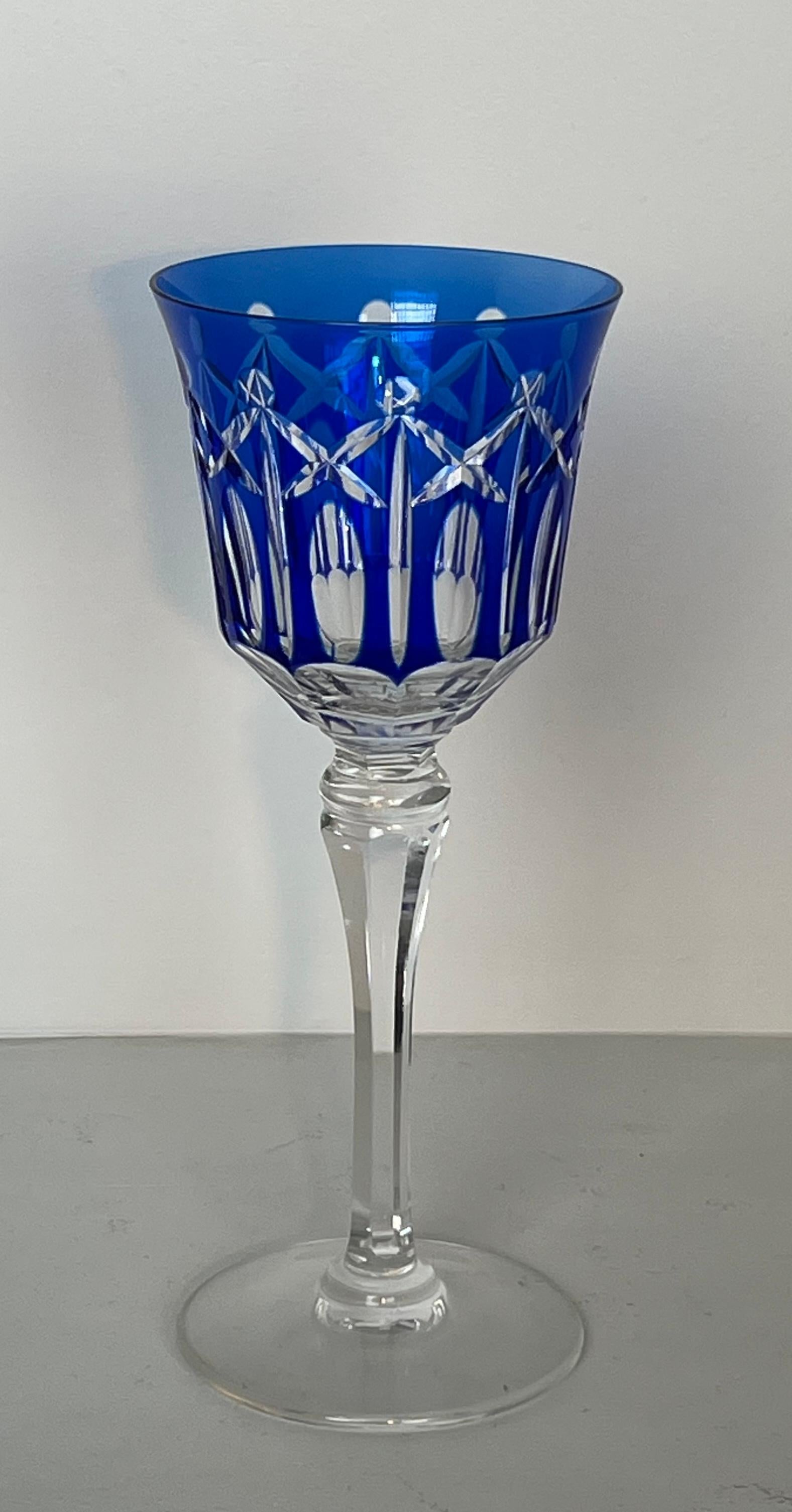 French Set of Twelve Crystal Glasses Tinted in Different Colors and Cut with Stars For Sale