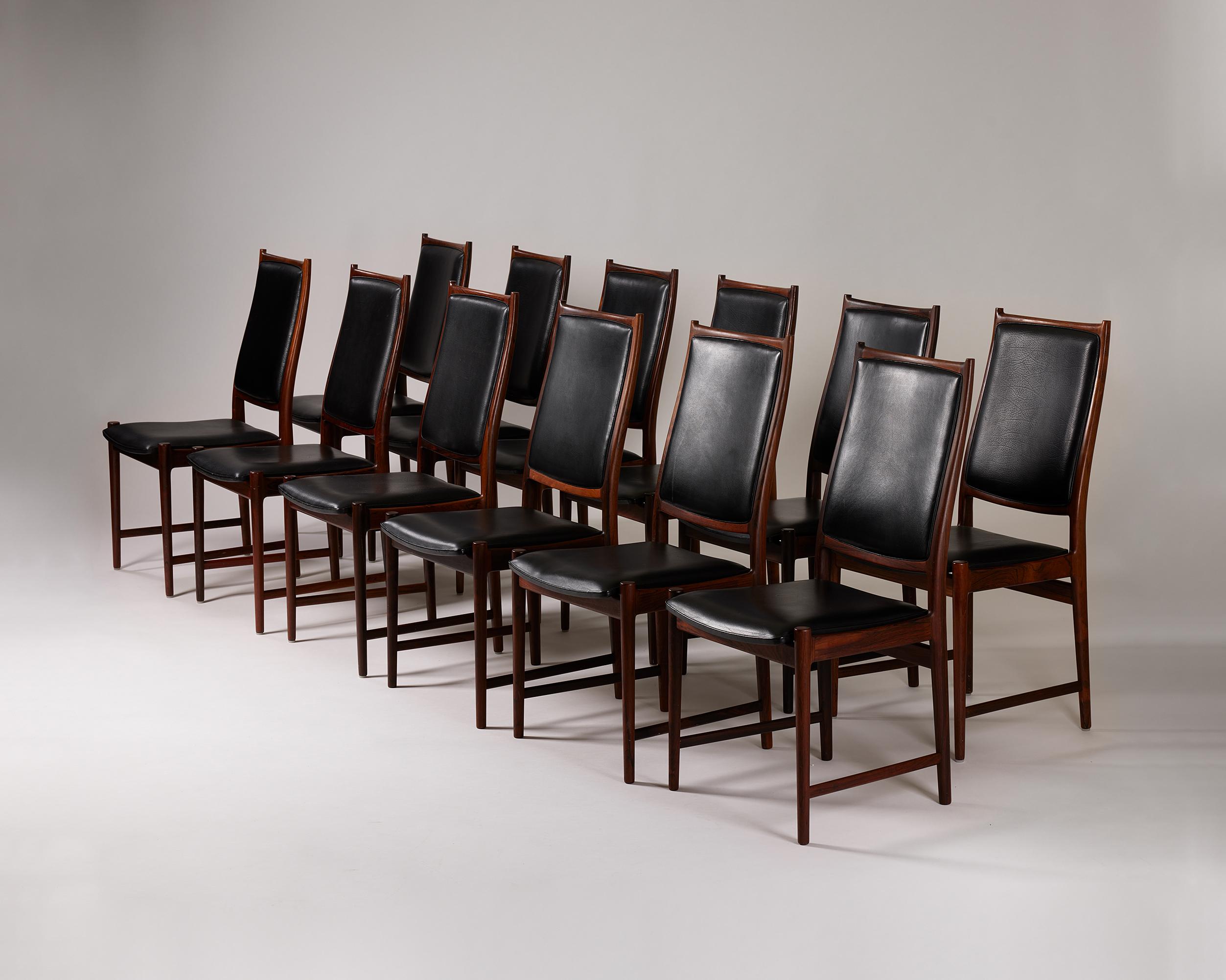 Set of twelve dining chairs ‘Darby’ designed by Torbjörn Afdal for Bruksbo.
Norway, 1960s.

Rosewood and leather.

This dining chair model 'Darby' is simple yet elegant with a sophisticated high backrest and small carved details at the top of