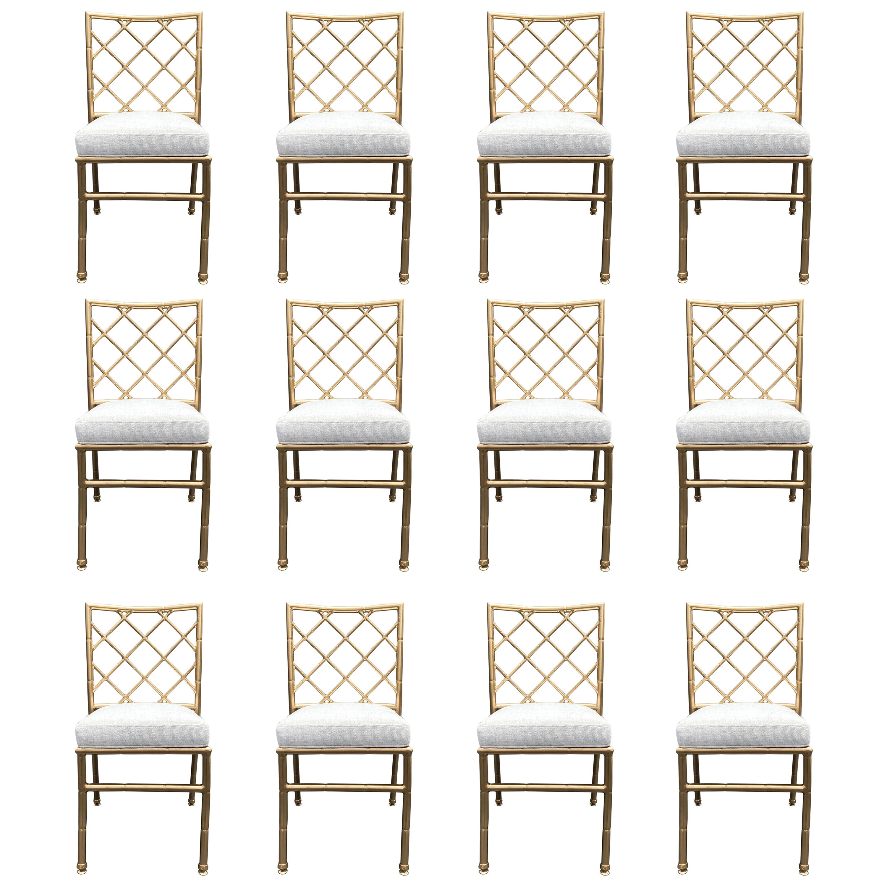 Set of Twelve Dining Chairs, Faux Bamboo, Chinese Chippendale, Gold, Aluminum