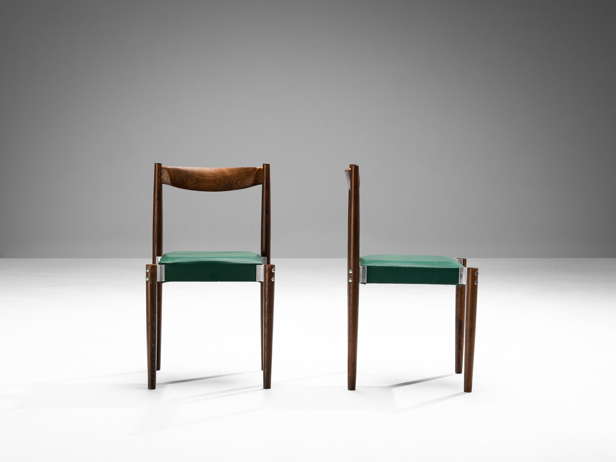 Set of Twelve Dining Chairs in Green Leatherette and Stained Wood 3