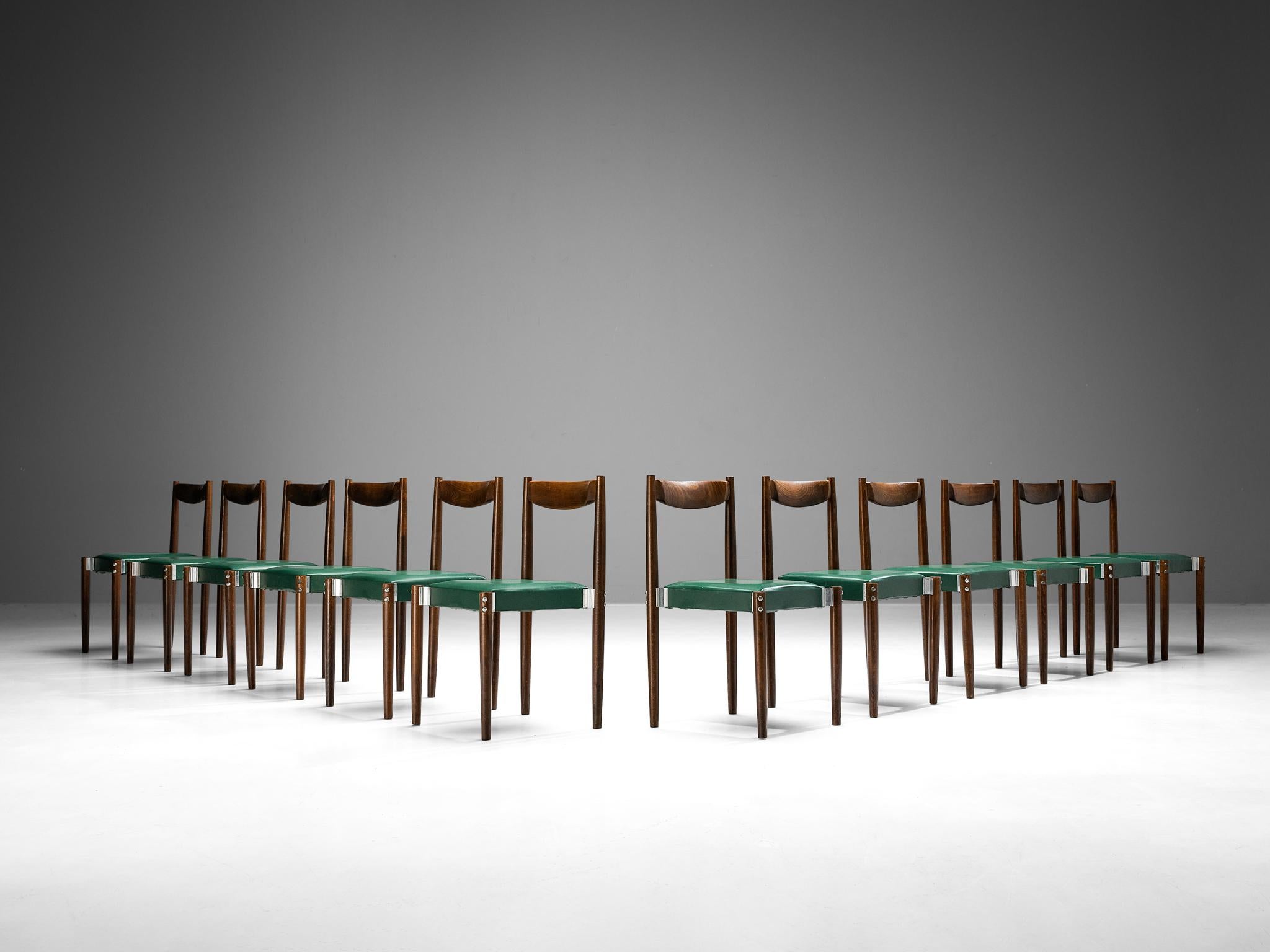 Set of Twelve Dining Chairs in Green Leatherette and Stained Wood  For Sale 3