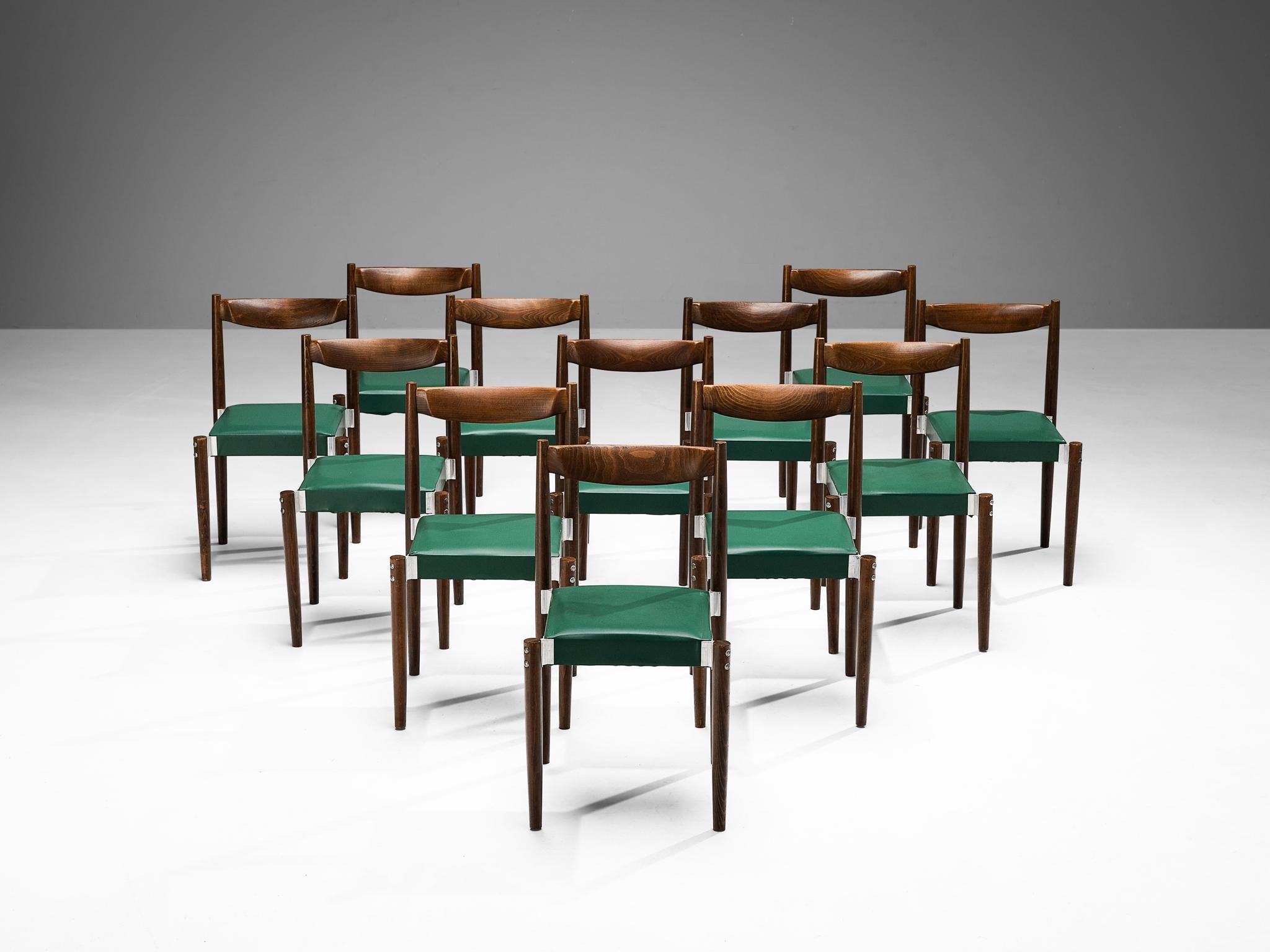 Set of twelve dining chairs, leatherette, stained beech, aluminum, Czech Republic, 1960s.

Well-proportioned set of dining chairs with constructive detailing discernible in the aluminum joints that connect the legs with the seat. The wooden frame