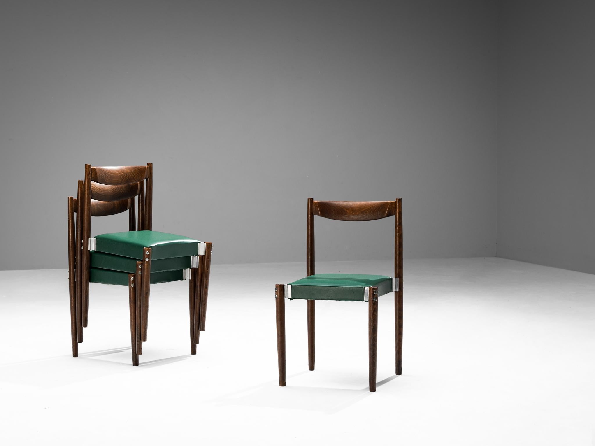 Satz von zwölf Esszimmerstühlen aus grünem Leder und gebeiztem Holz  (Mitte des 20. Jahrhunderts) im Angebot