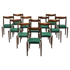Set of Twelve Dining Chairs in Green Leatherette and Stained Wood 