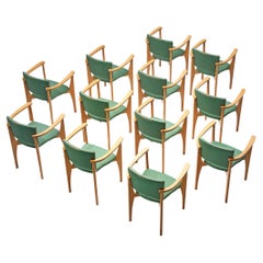 Vintage Set of Twelve Dining Chairs in Green Upholstery