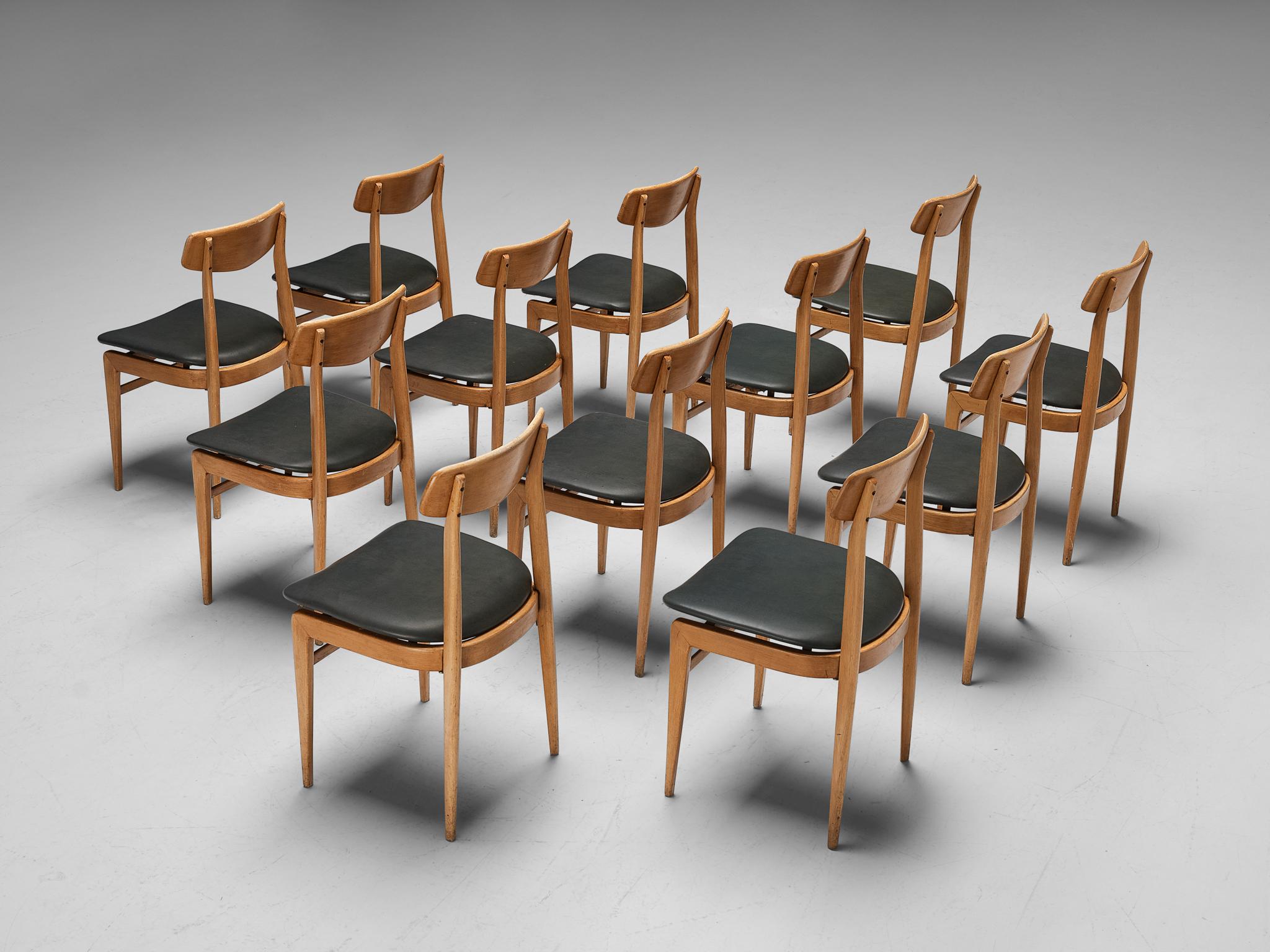 Faux Leather Danish Set of Twelve Dining Chairs in Blonde Wood and Dark Grey Leatherette For Sale