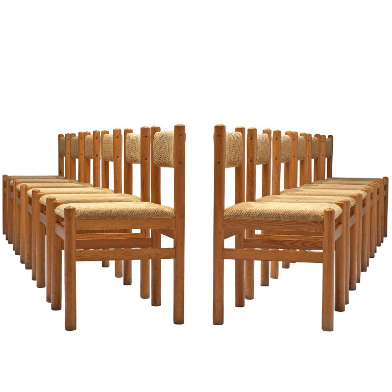 Set of Twelve Dining Chairs in Pine and Beige Upholstery, 1950s For