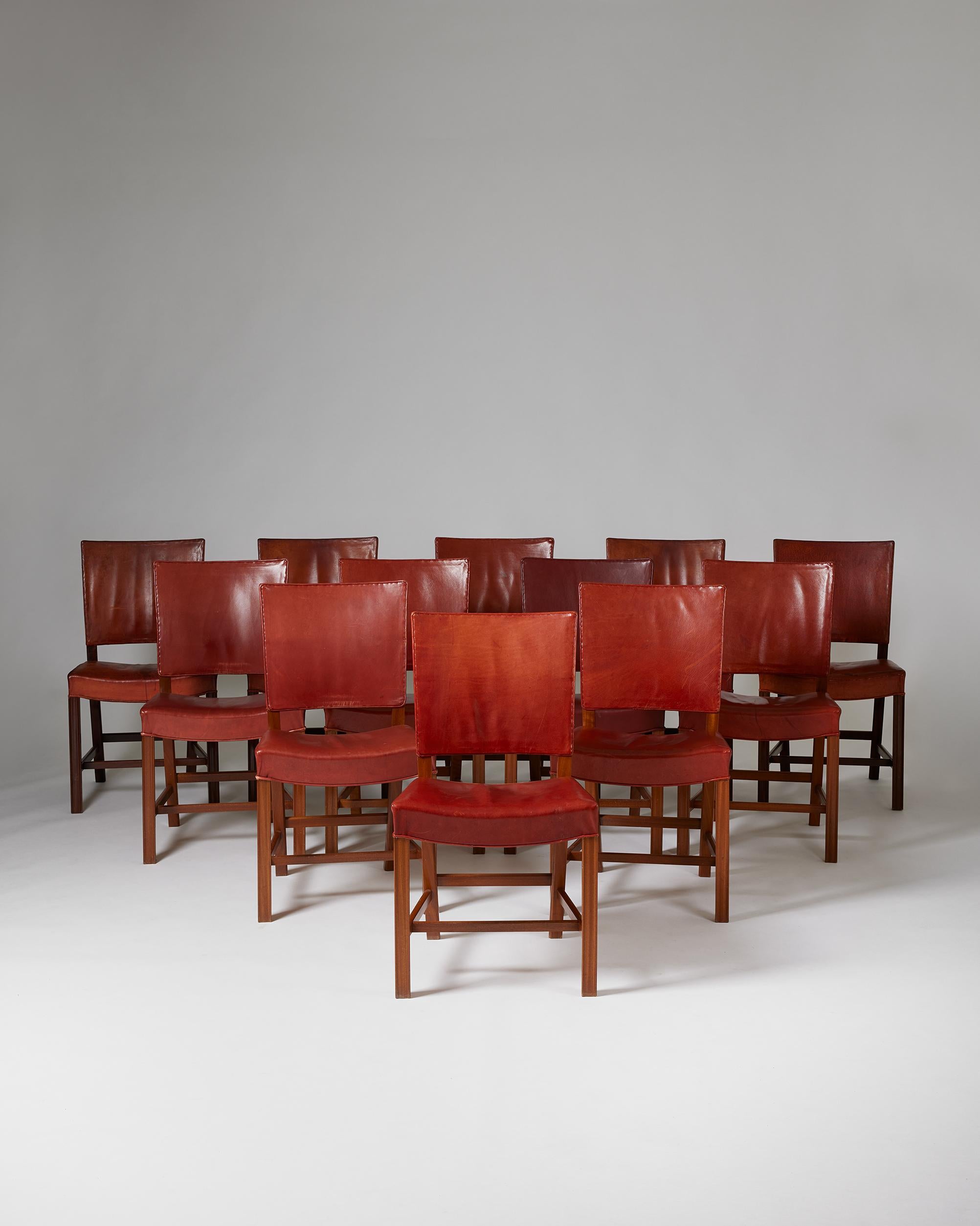 Set of twelve dining chairs ‘The Red Chair’ model 3949 designed by Kaare Klint for Rud Rasmussen Cabinetmakers,
Denmark, 1928.

Mahogany and leather.

These examples were made in the 1960s by Rud Rasmussen Cabinetmakers.

Stamped.


The ‘Red Chair’,