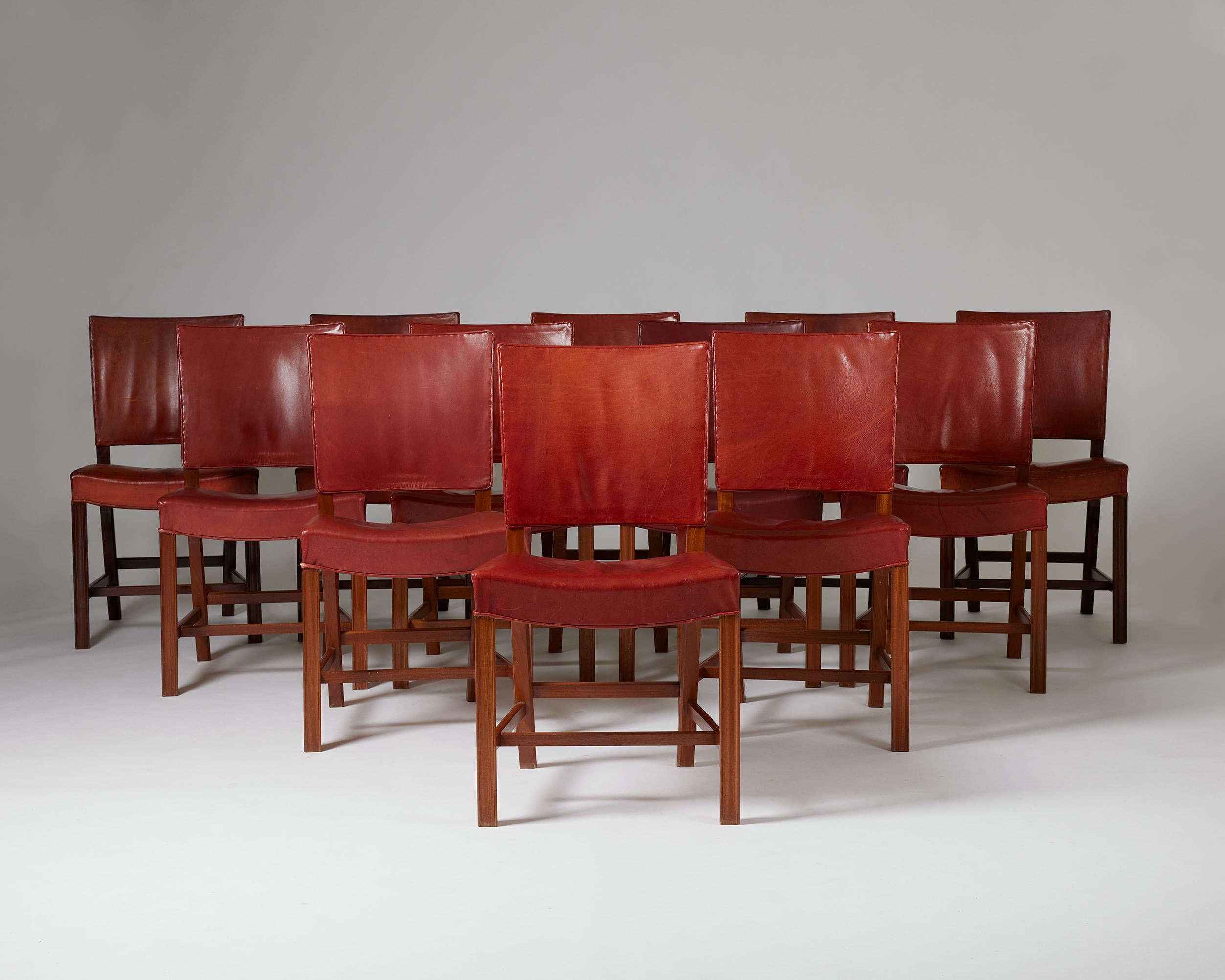 Mid-Century Modern Set of twelve dining chairs ‘The Red Chair’ model 3949 designed by Kaare Klint For Sale