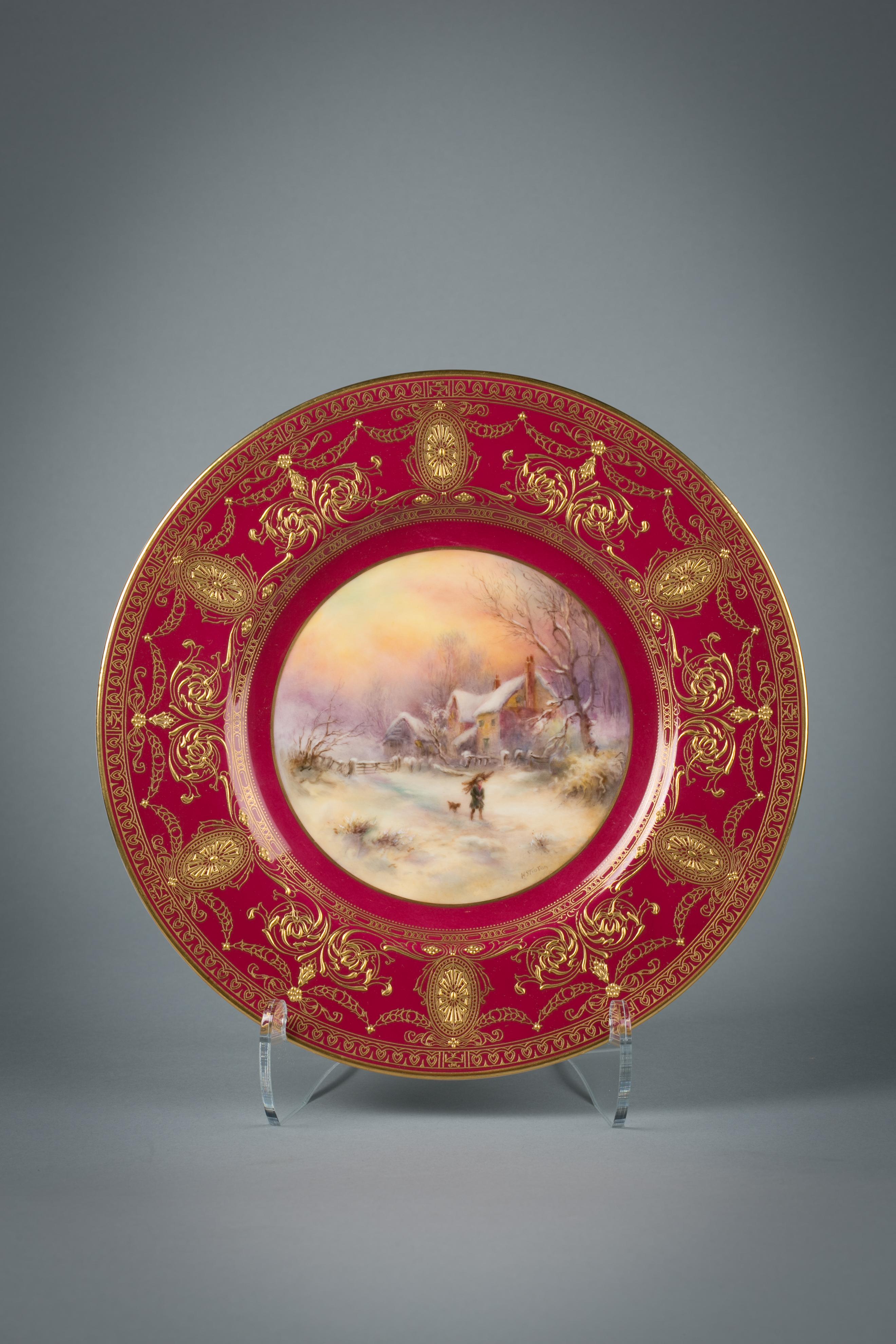 Set von zwölf vergoldeten englischen Porzellantellern, Royal Worcester, um 1900 (Frühes 20. Jahrhundert) im Angebot