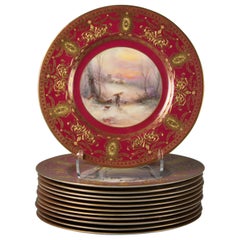 Juego de Doce Platos de Cena de Porcelana Dorada Inglesa, Royal Worcester, Circa 1900