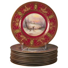 Set of Twelve English Porcelain Gilt Dinner Plates, Royal Worcester, Circa 1900