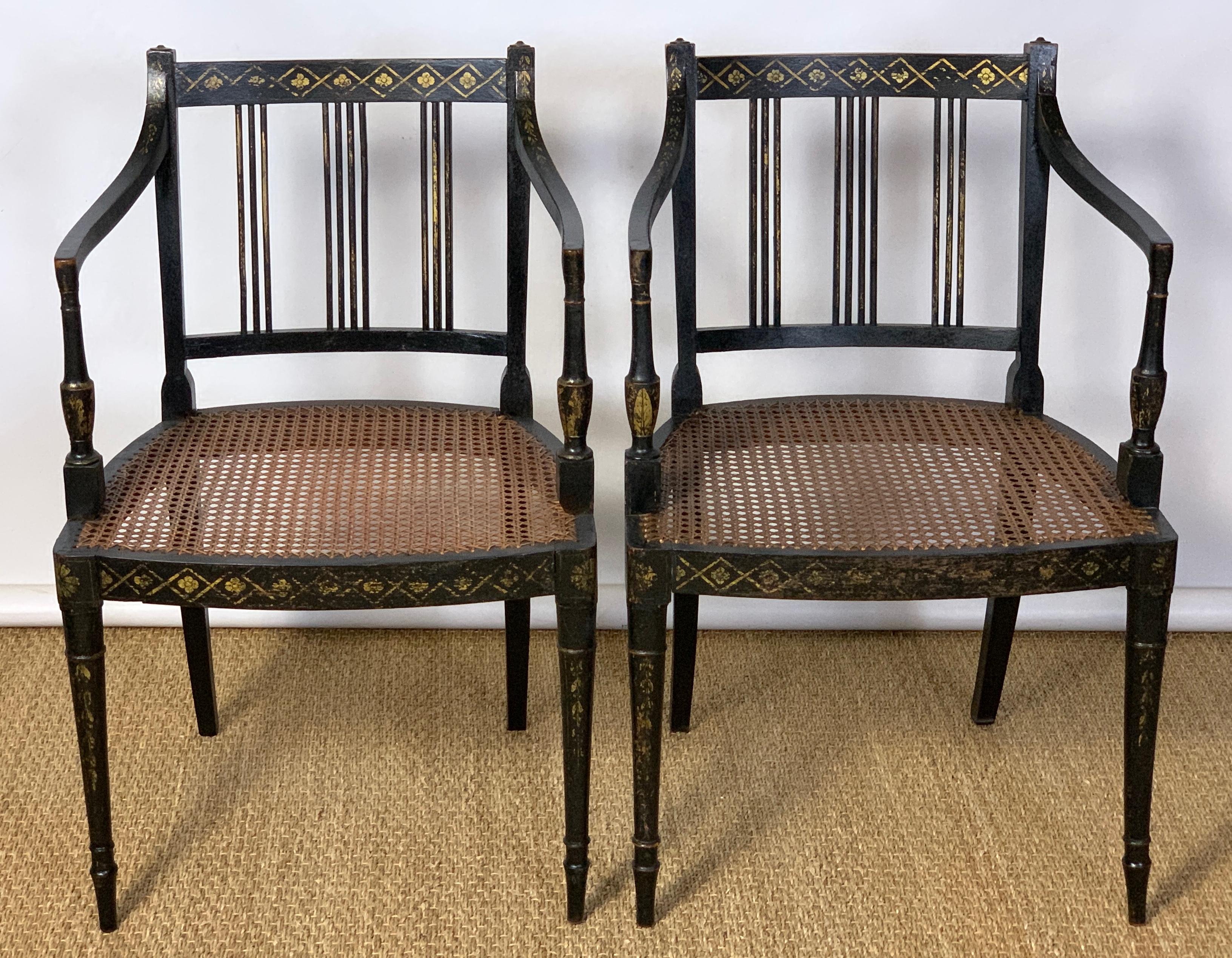 Set of Twelve English Regency Ebonized Dining Armchairs In Good Condition In Kilmarnock, VA