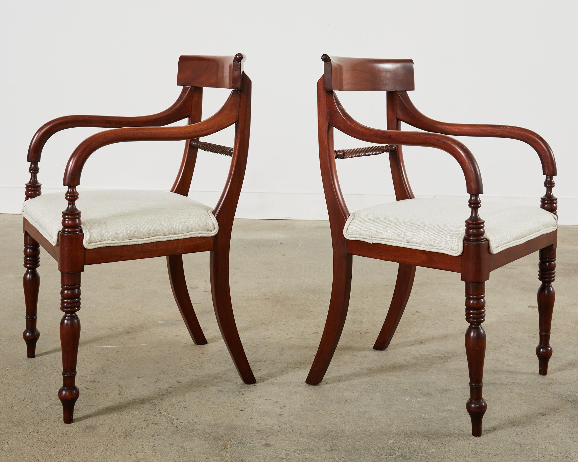 Linen Set of Twelve English Regency Style Mahogany Dining Chairs