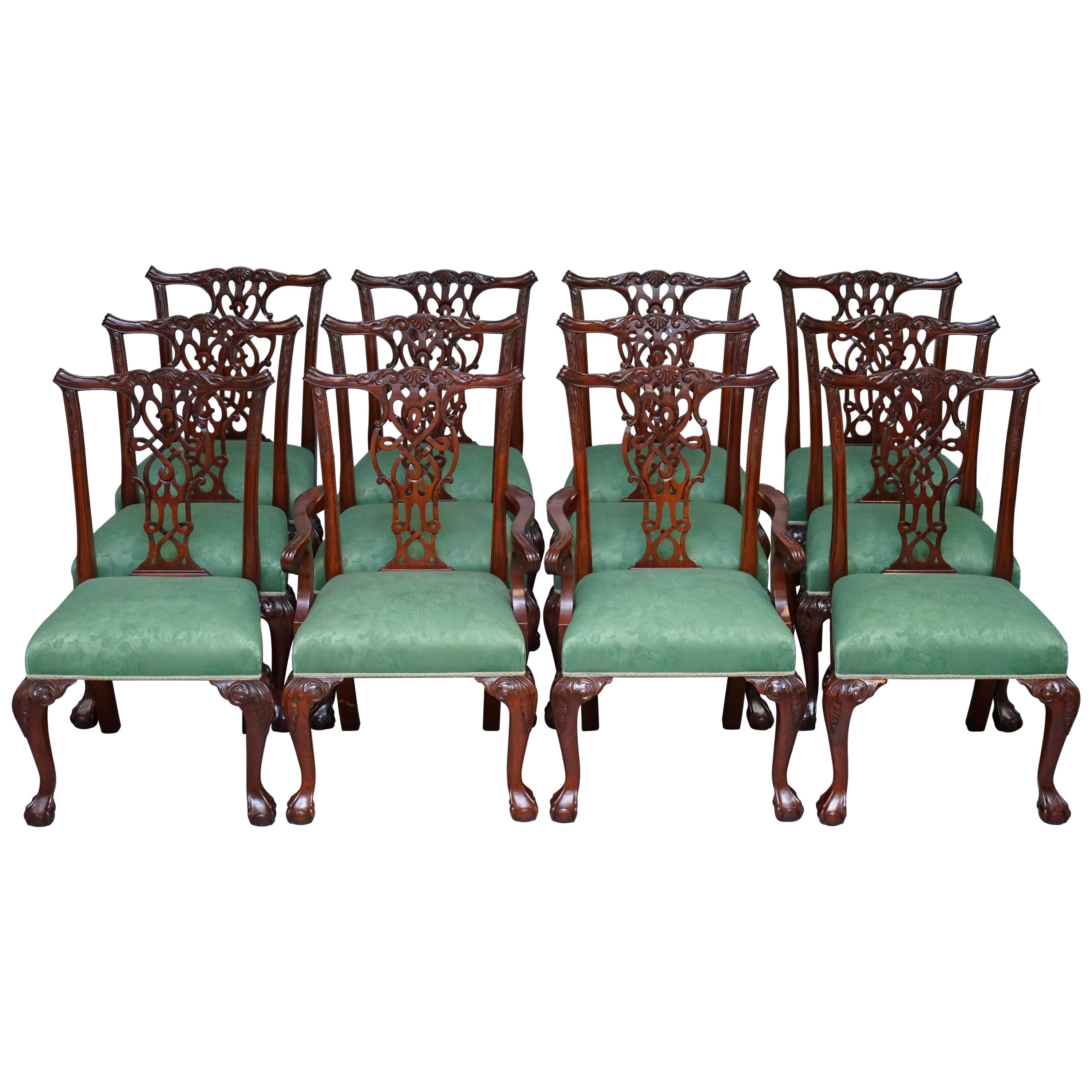 Set of Twelve English Thomas Chippendale Claw & Ball Mahogany Dining Chairs 12