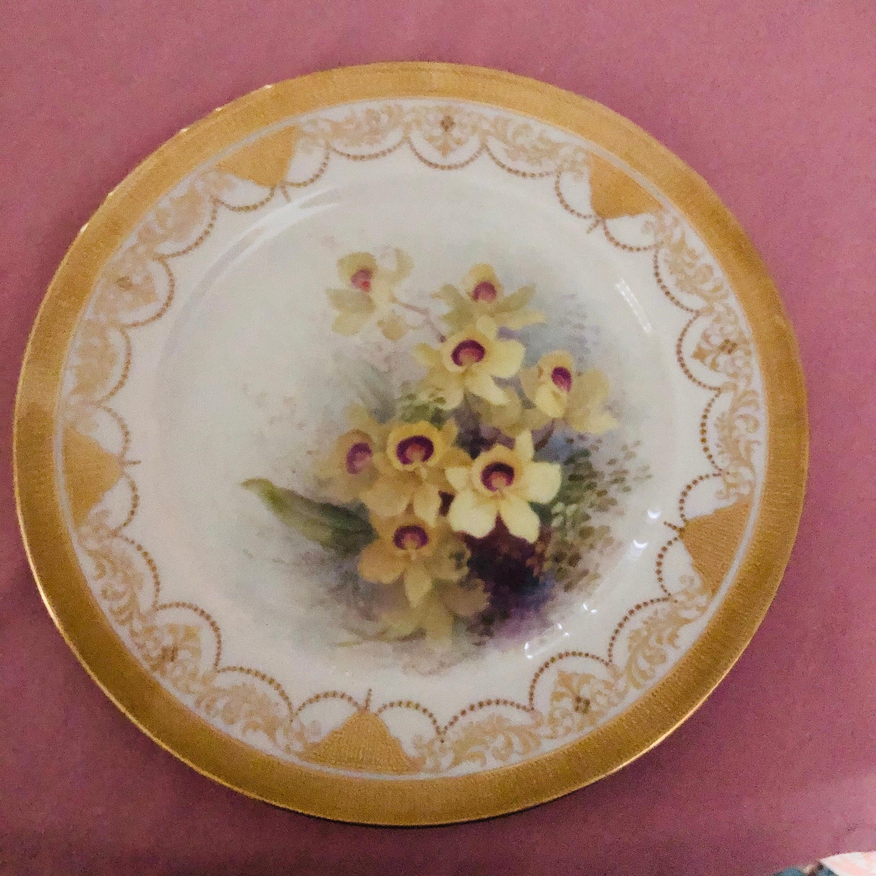 Hand-Painted Set of Twelve Exceptional Lenox Orchid Dinner Plates Artist Signed W. H. Morley For Sale