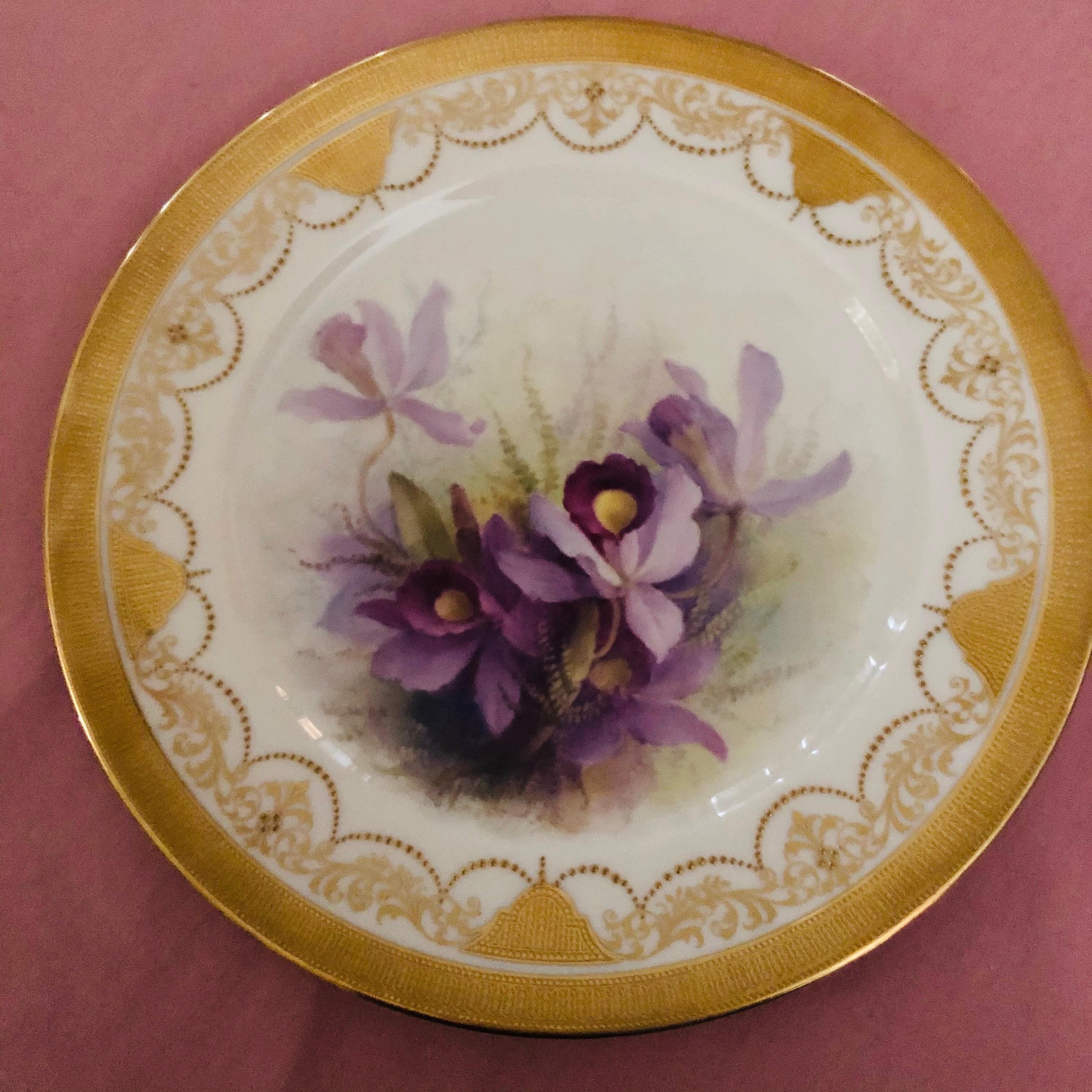 Set of Twelve Exceptional Lenox Orchid Dinner Plates Artist Signed W. H. Morley In Excellent Condition For Sale In Boston, MA