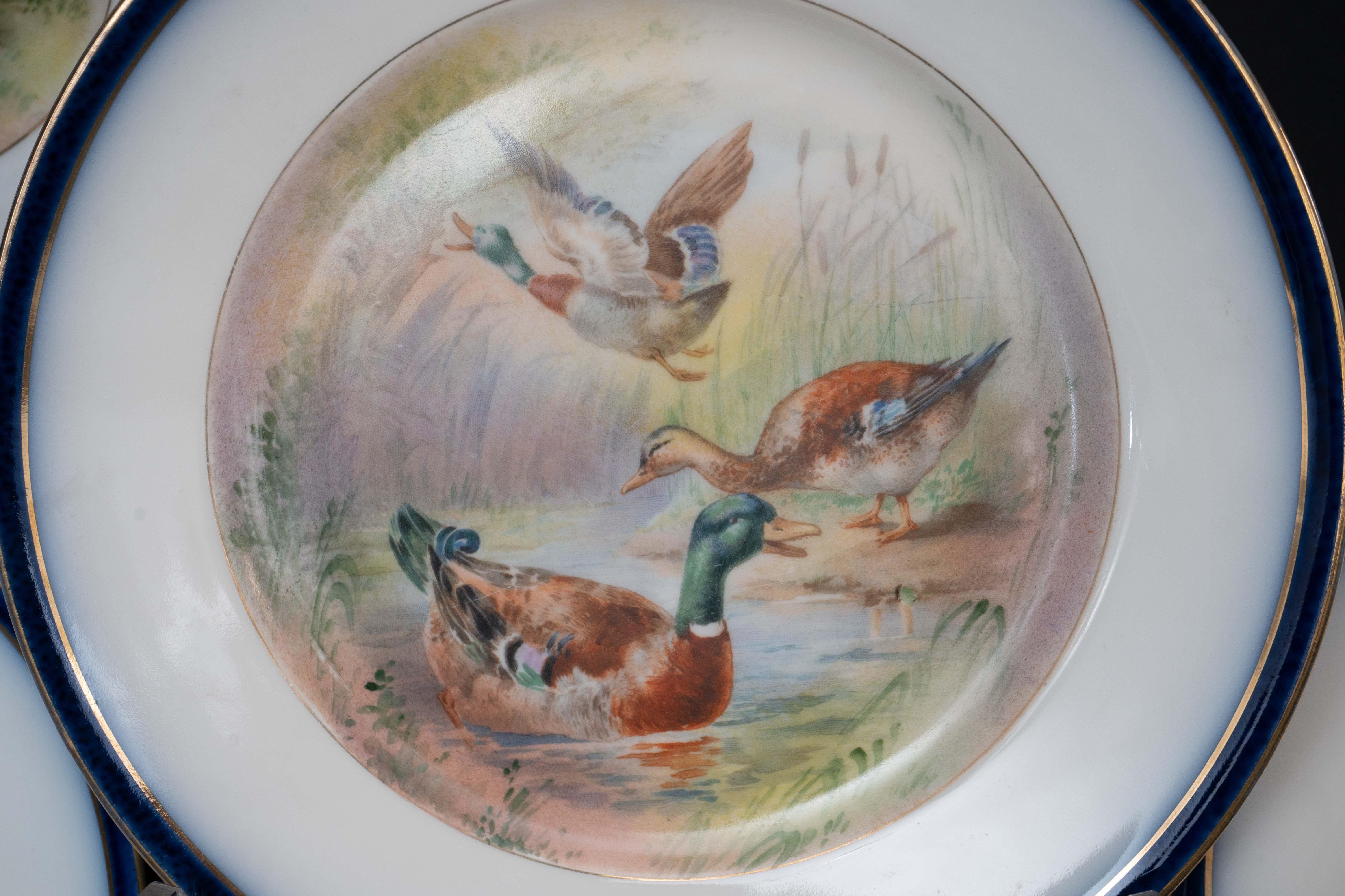 French Set of Twelve Exquisite Limoges Game Bird Plates Marked Limoges France