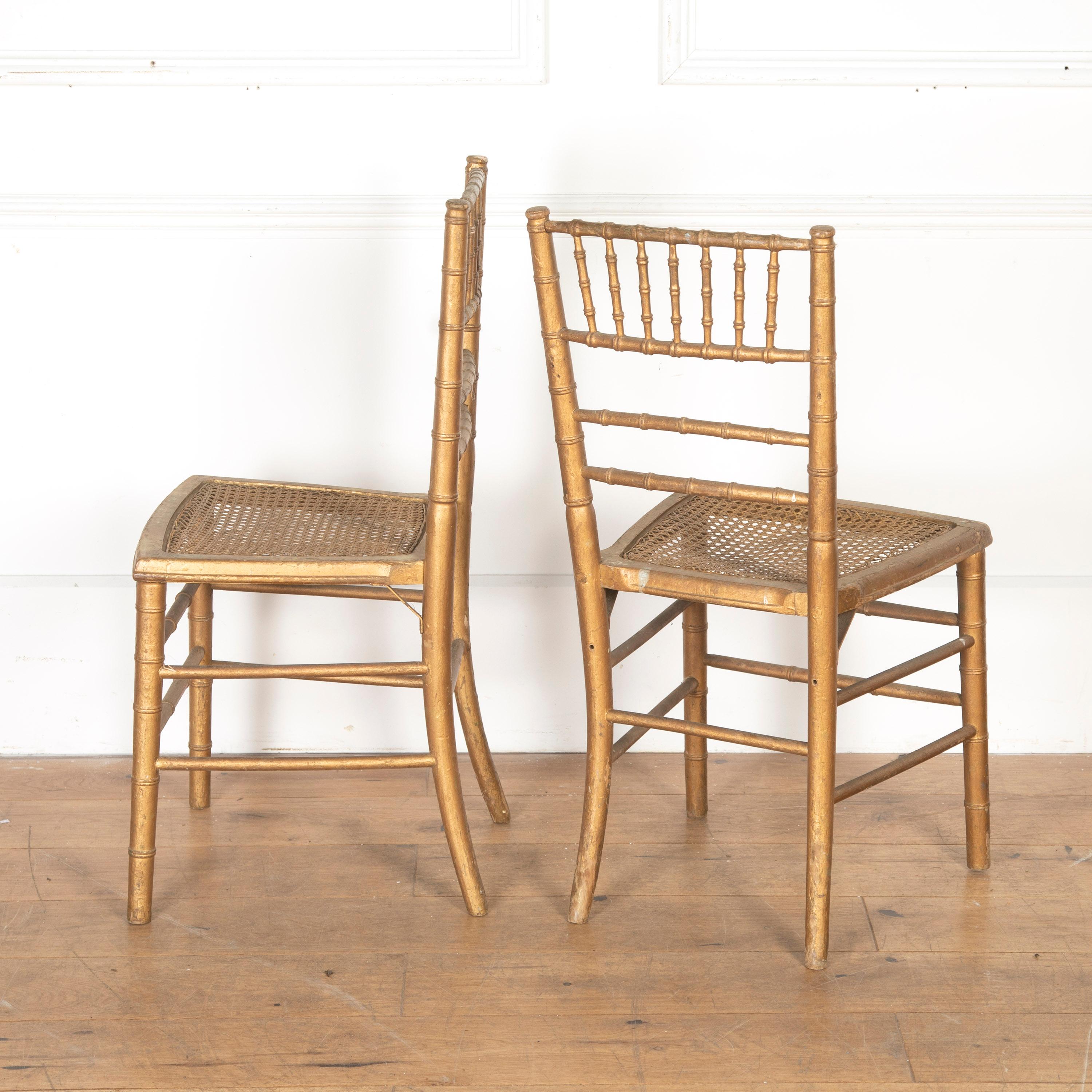 Fantastic set of twelve 19th Century carved and gilt beech ‘faux bamboo’ chairs, circa 1870.

Each chair is carved to imitate bamboo, identical examples can be seen within the National Trust Collection at Hughenden Manor.

All twelve chairs are