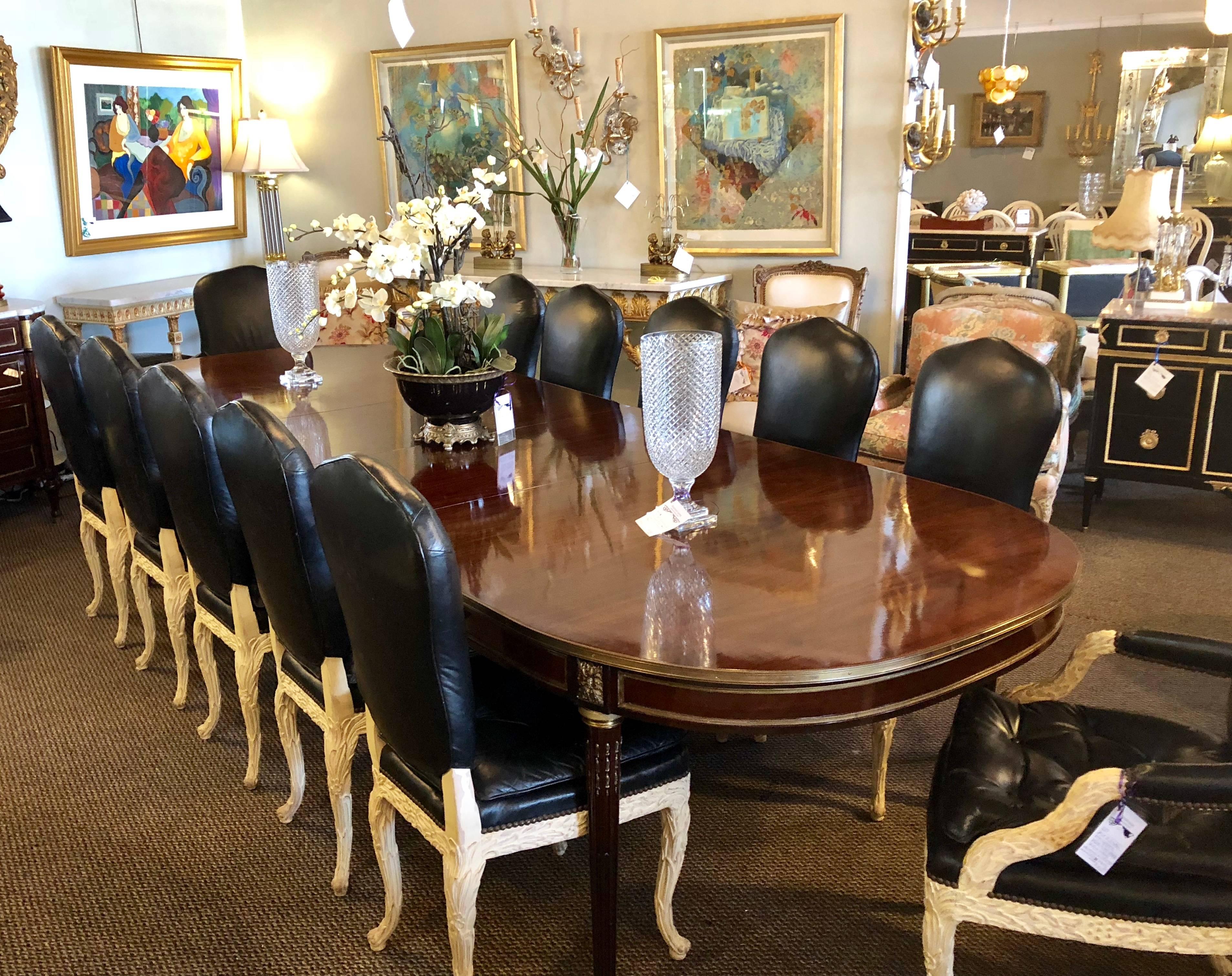 Set of 12 Fine Maison Jansen Black Leather Serge Roche Carved Dining Chairs 4