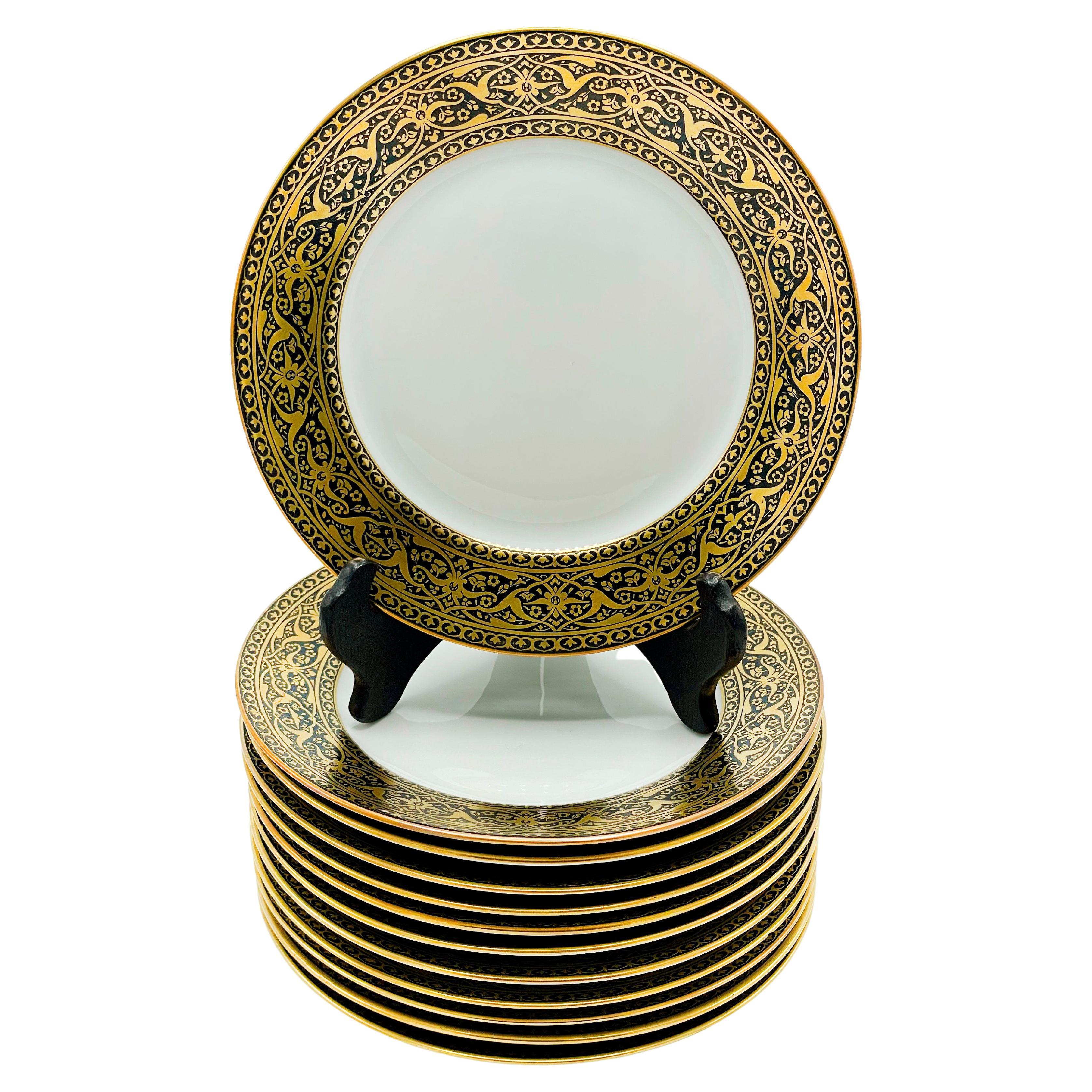 Set of twelve French Black and Gold dessert plate For Sale